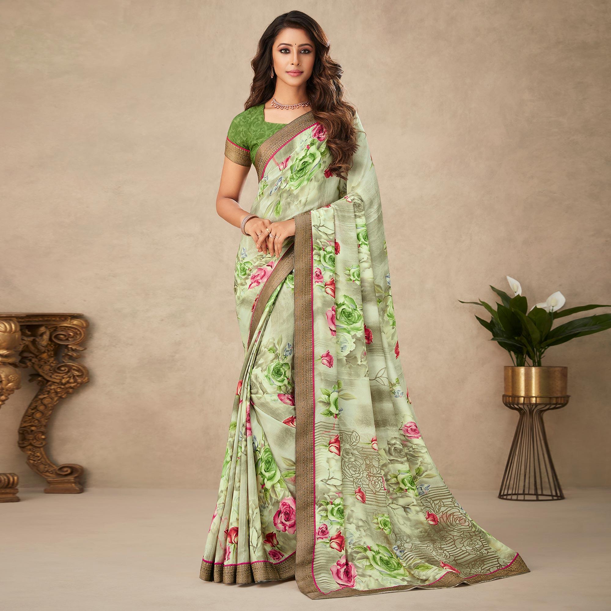 Light Pista Green Floral Printed Art Silk Saree - Peachmode