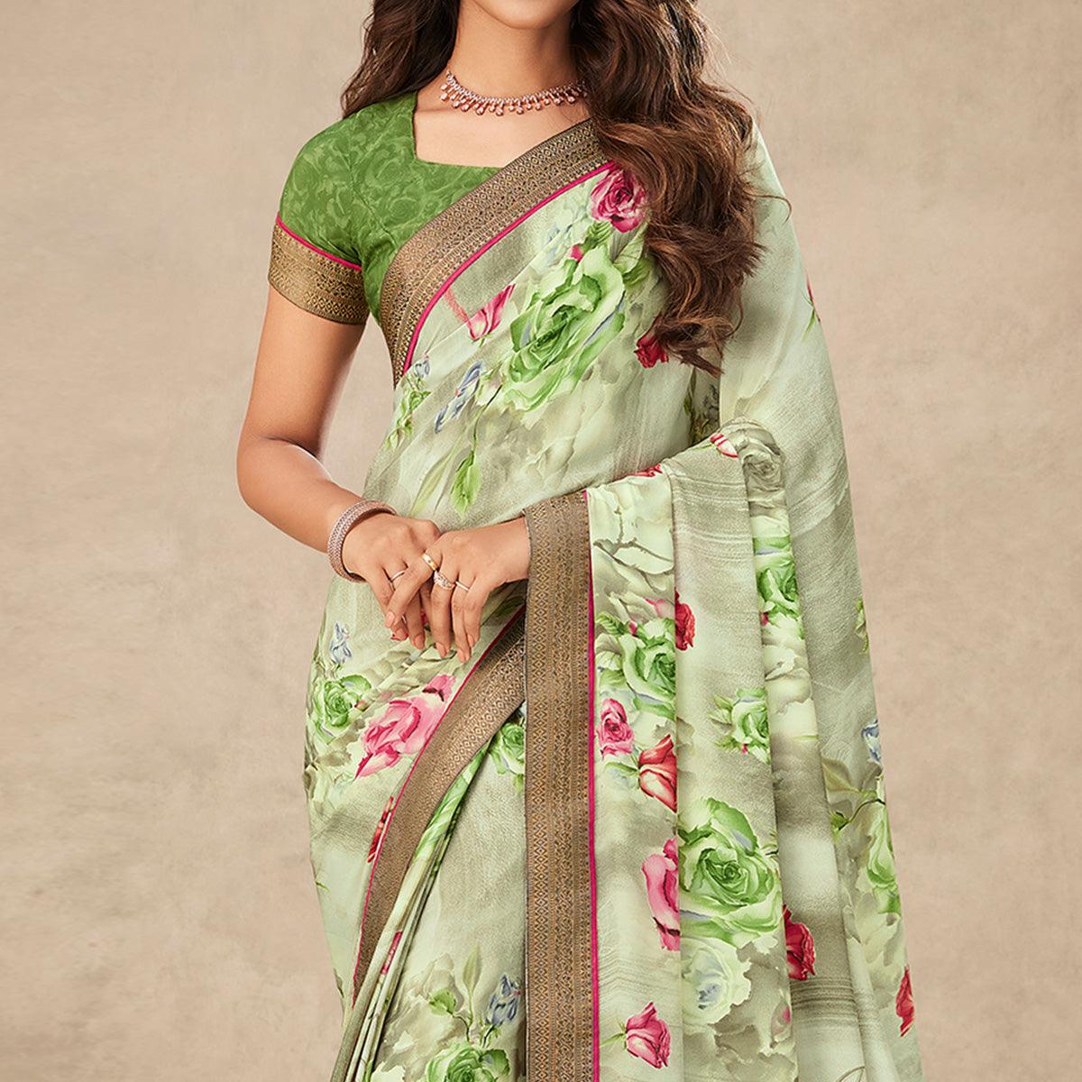 Light Pista Green Floral Printed Art Silk Saree - Peachmode