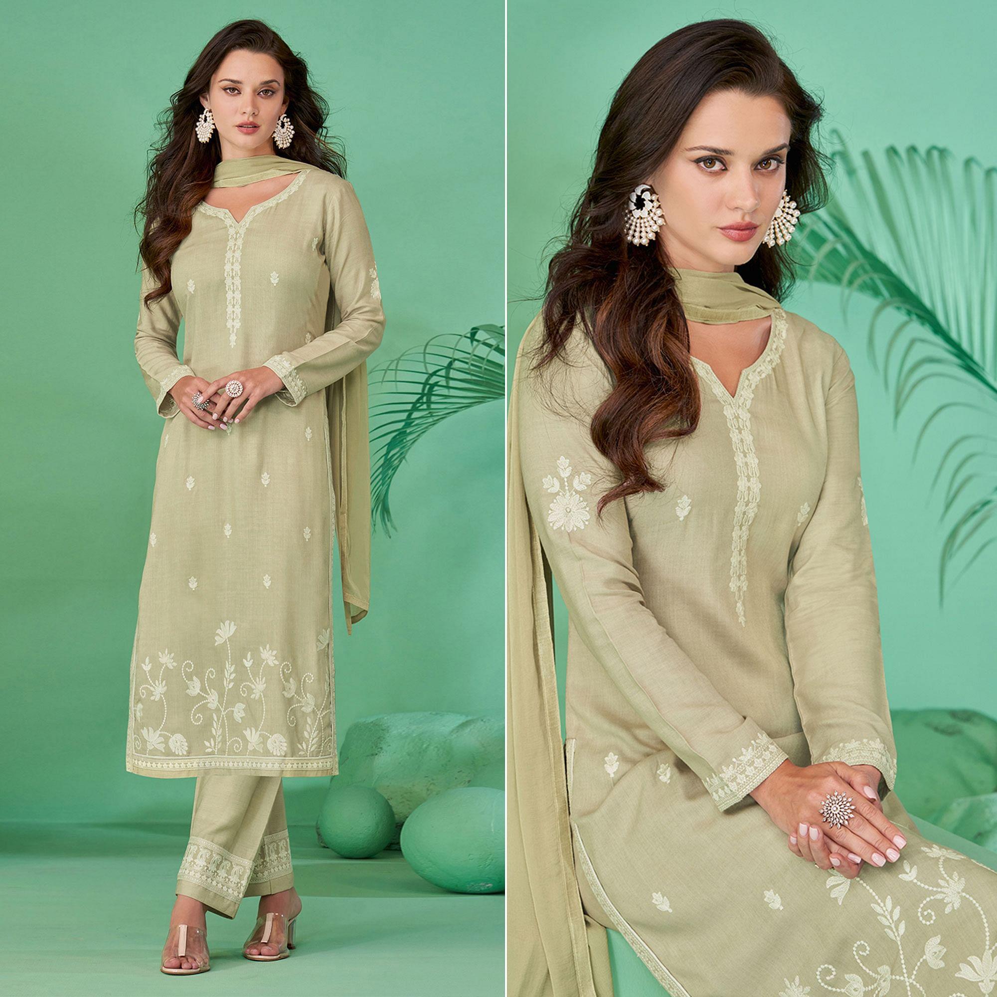Light Pista Green Lucknowi Embroidered Rayon Kurti Pant Set With Dupatta - Peachmode