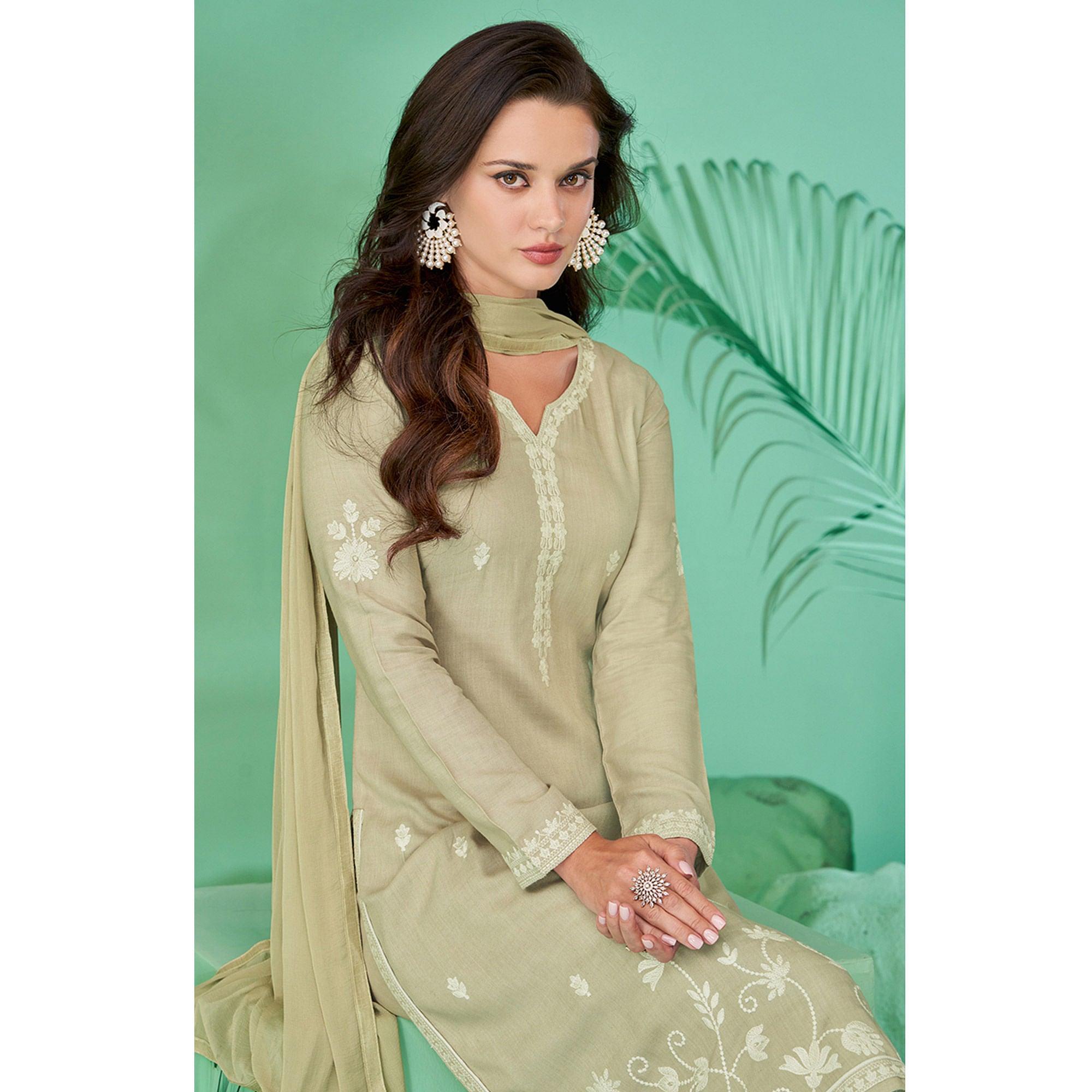 Light Pista Green Lucknowi Embroidered Rayon Kurti Pant Set With Dupatta - Peachmode
