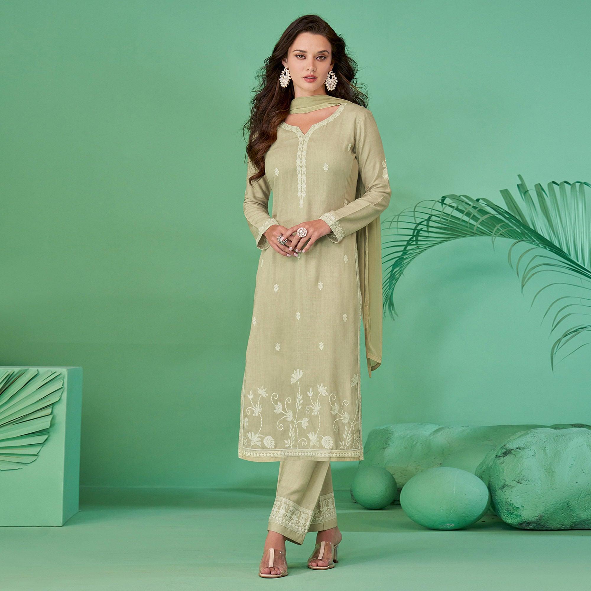 Light Pista Green Lucknowi Embroidered Rayon Kurti Pant Set With Dupatta - Peachmode