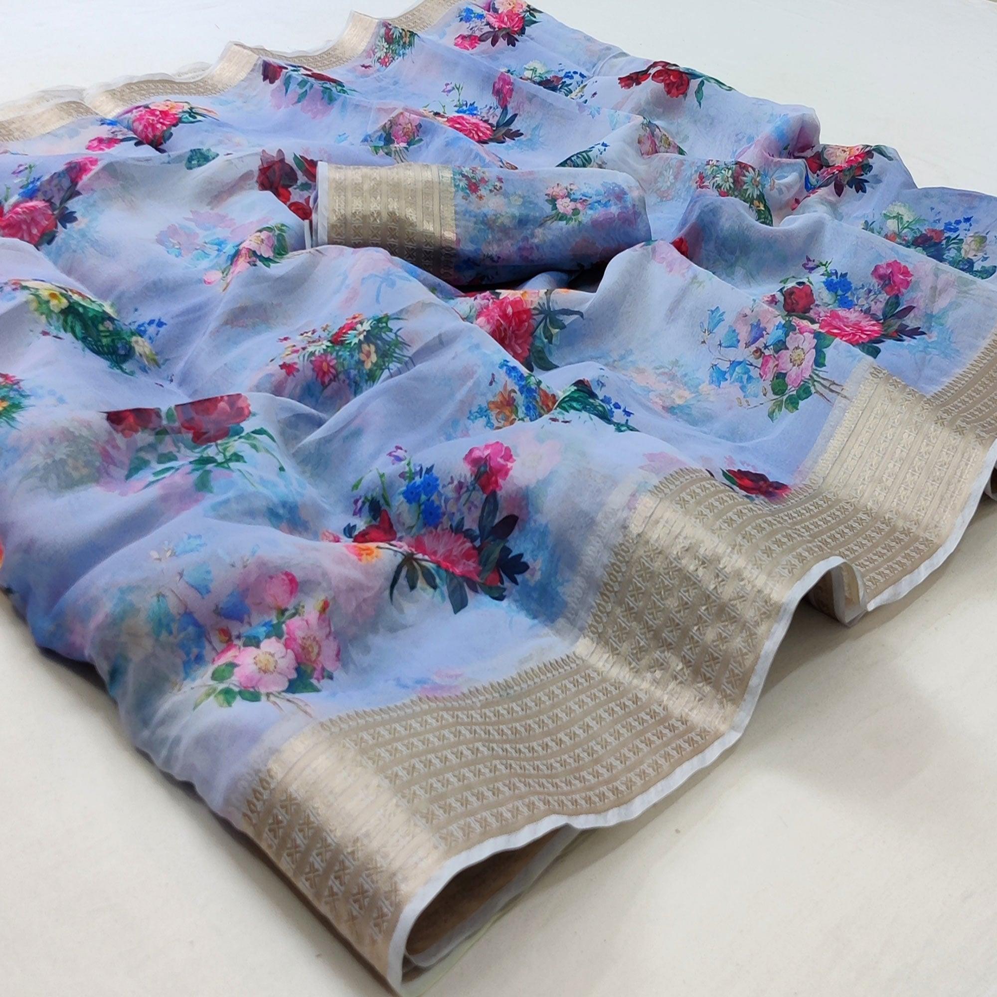 Light Purple Casual Wear Floral Digital Printed Georgatte Saree - Peachmode