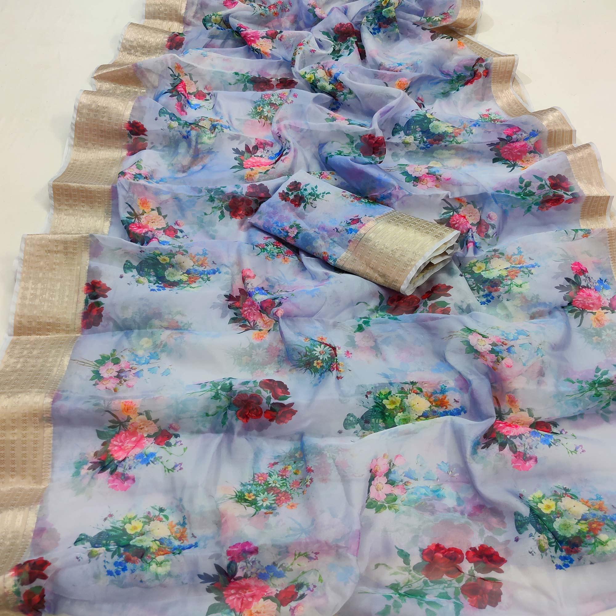 Light Purple Casual Wear Floral Digital Printed Georgatte Saree - Peachmode