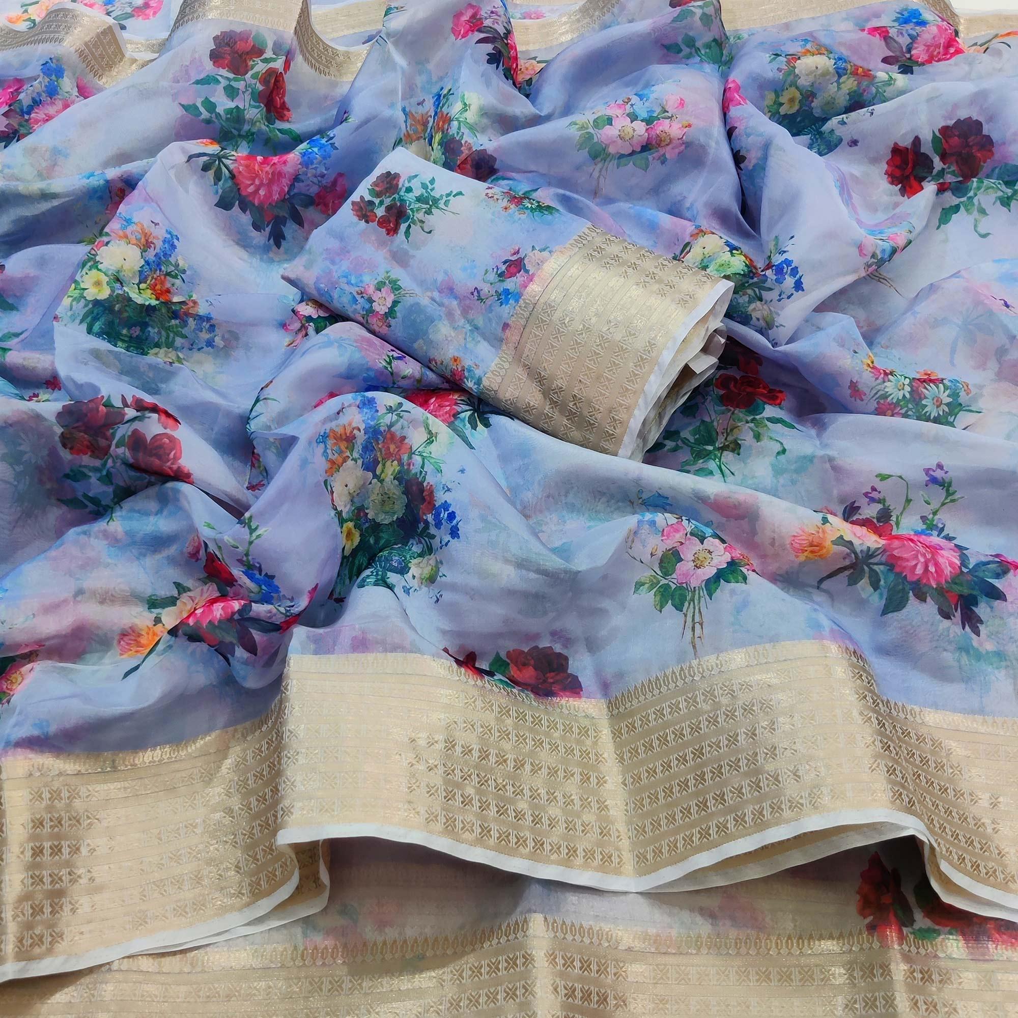 Light Purple Casual Wear Floral Digital Printed Georgatte Saree - Peachmode