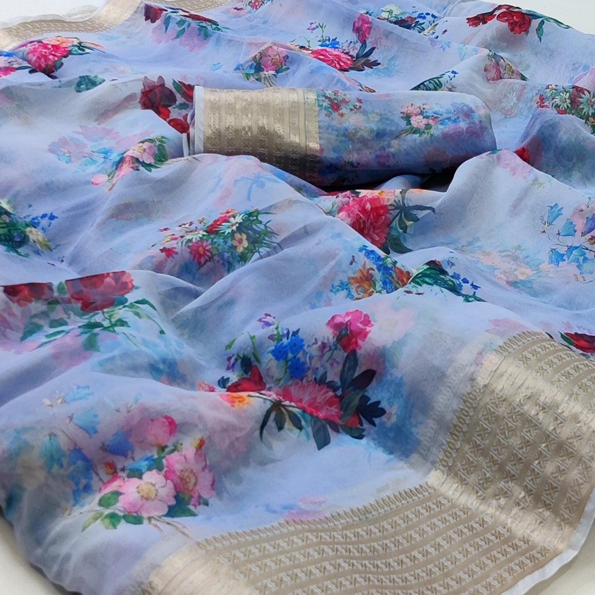 Light Purple Casual Wear Floral Digital Printed Georgatte Saree - Peachmode