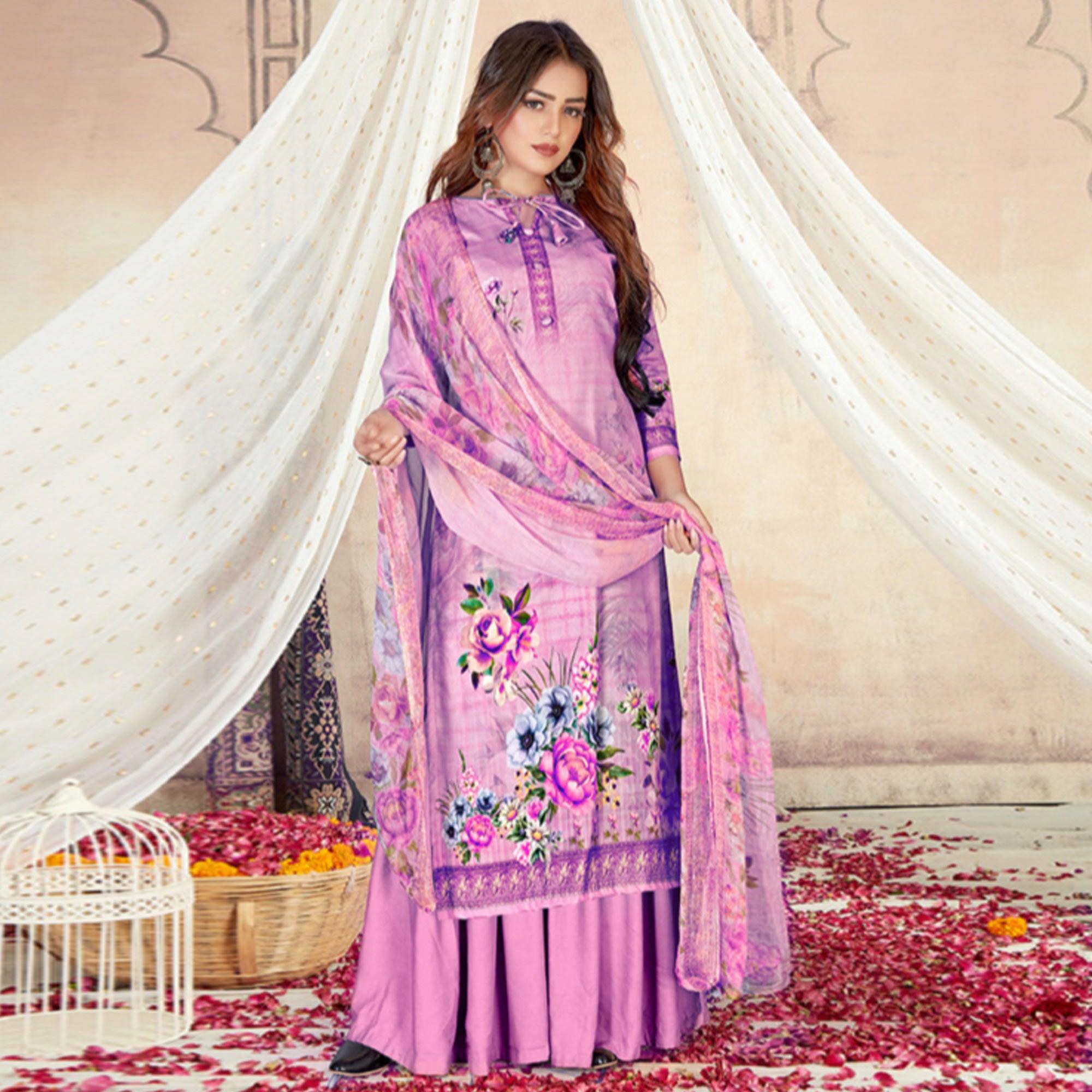 Light Purple Casual Wear Floral Printed Cotton Dress Material - Peachmode