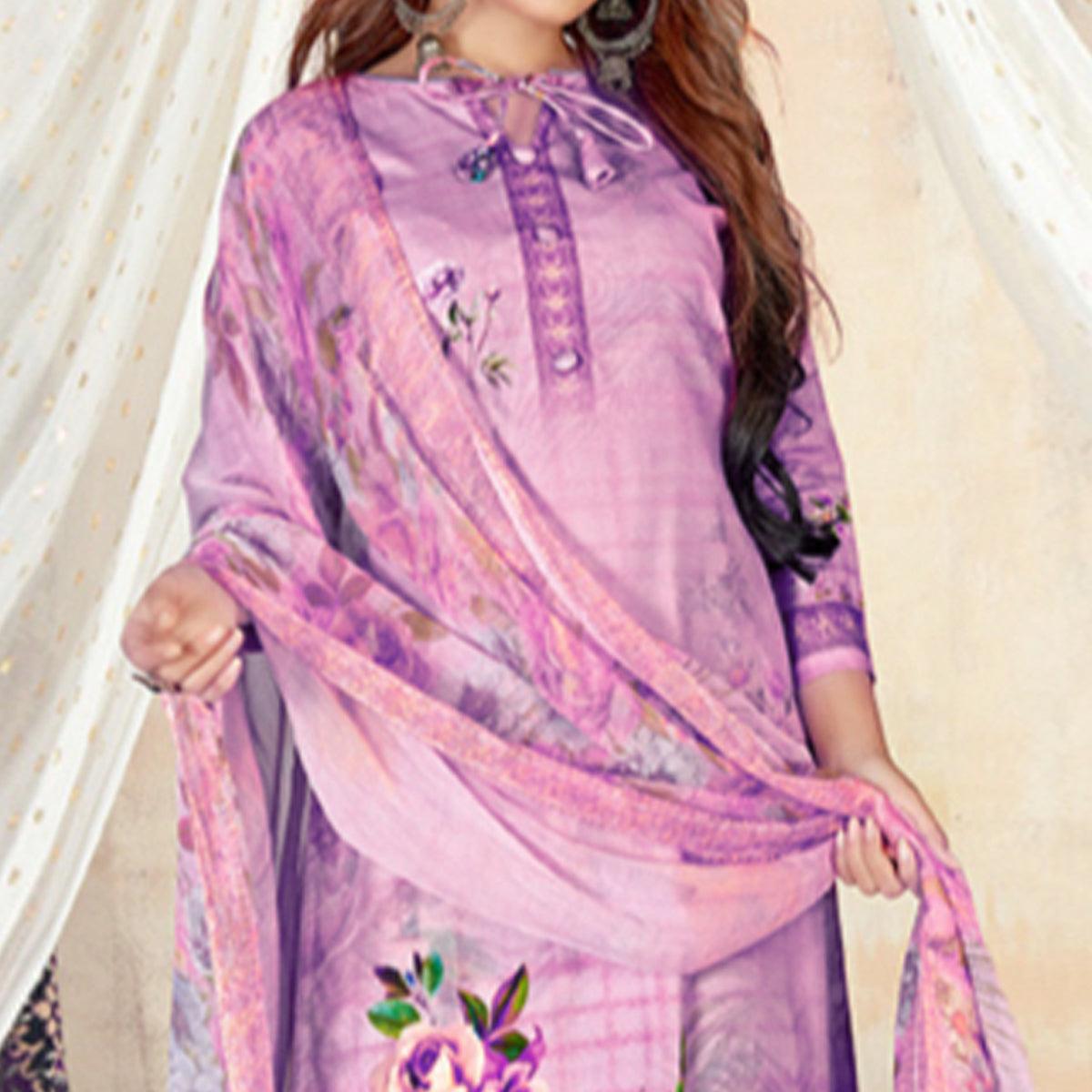 Light Purple Casual Wear Floral Printed Cotton Dress Material - Peachmode