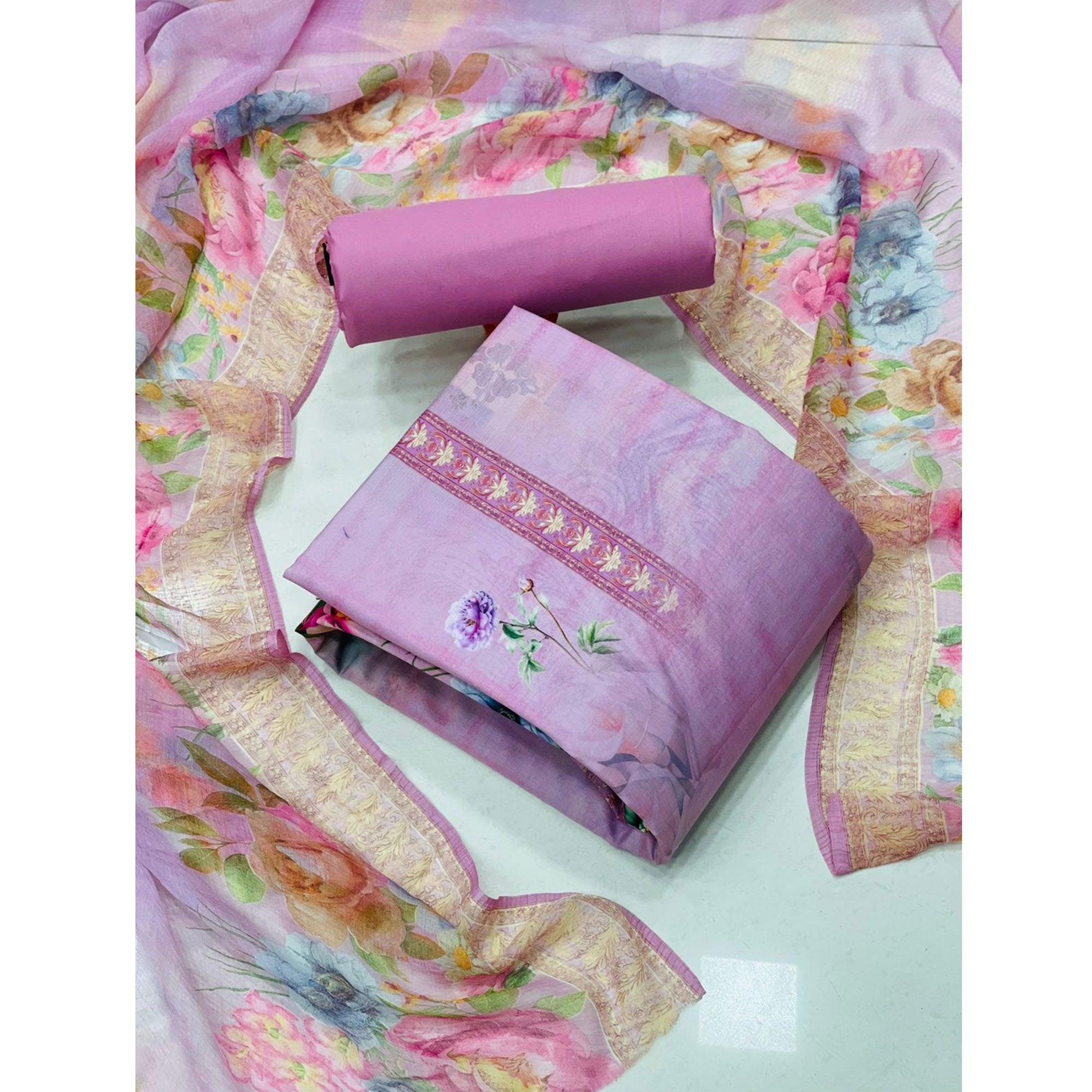 Light Purple Casual Wear Floral Printed Cotton Dress Material - Peachmode