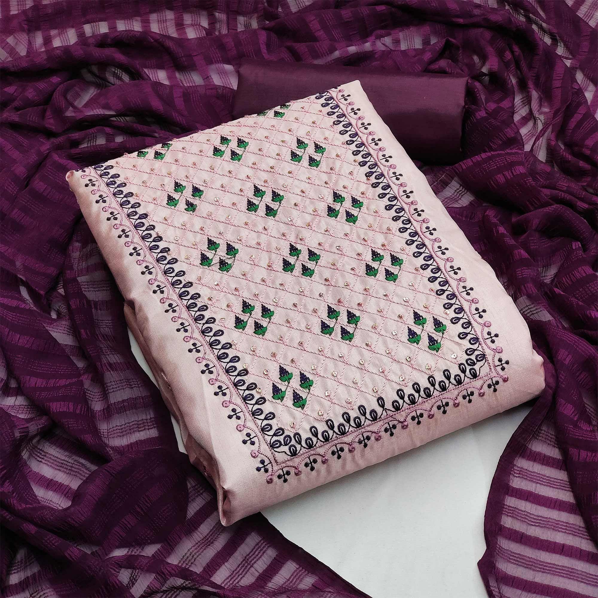Light Purple Casual Wear Sequence Embroidered Silk Dress Material - Peachmode