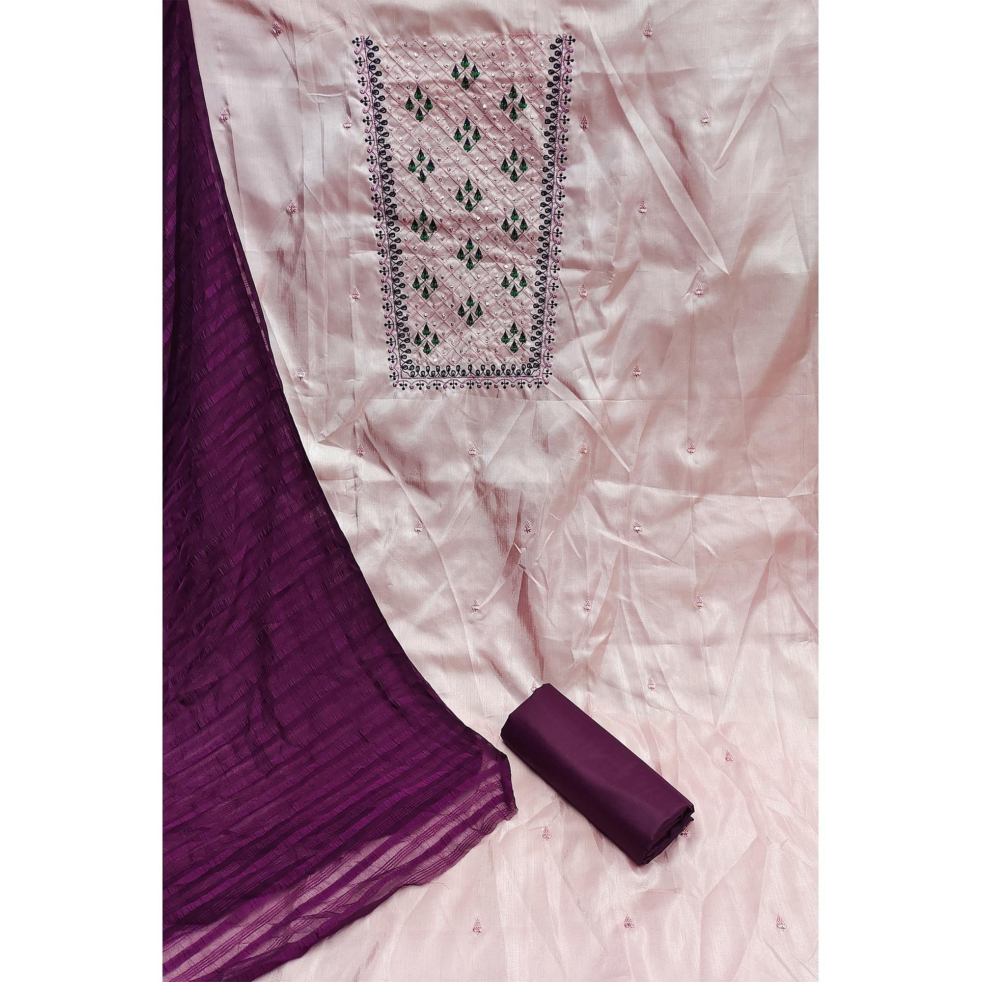 Light Purple Casual Wear Sequence Embroidered Silk Dress Material - Peachmode