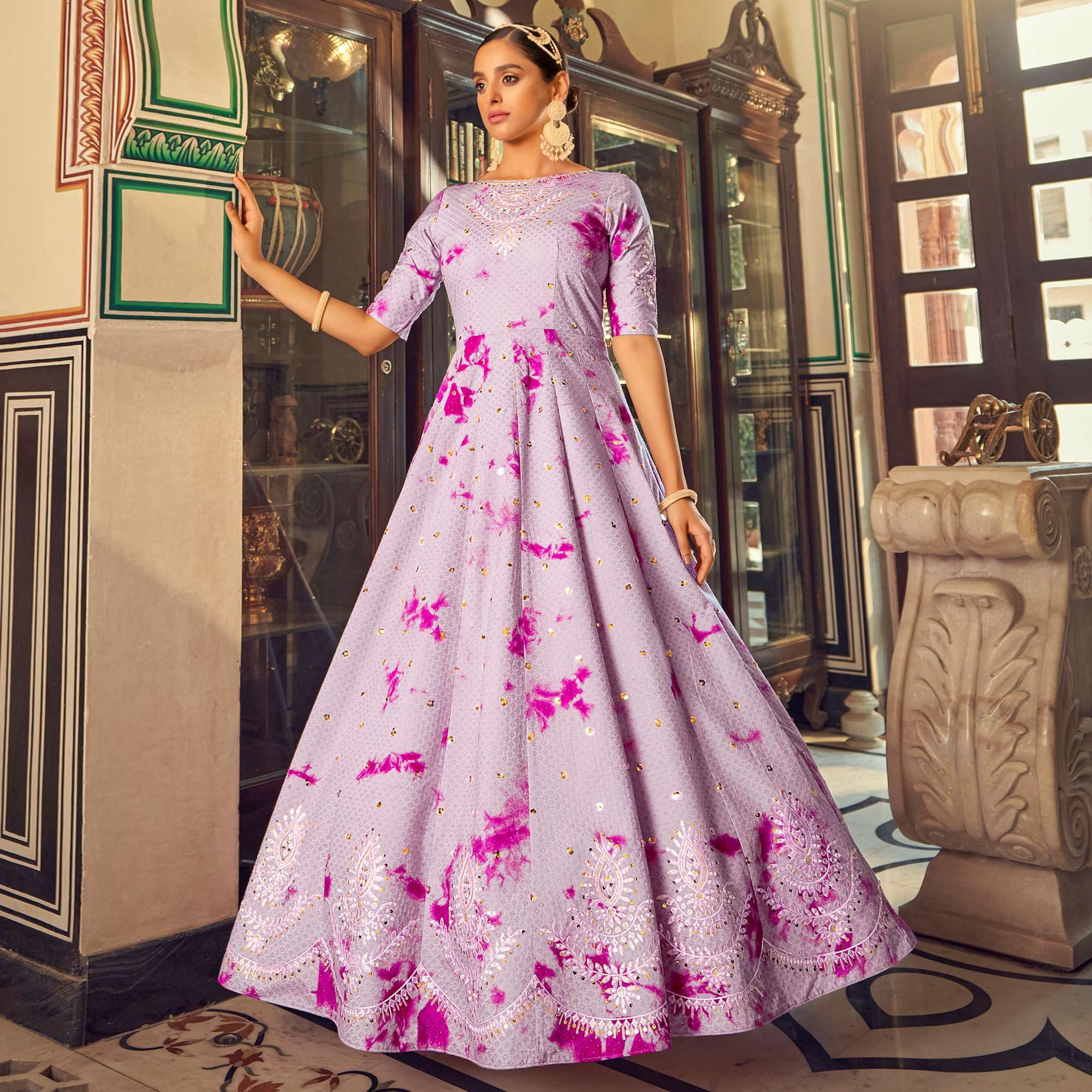 Light Purple Digital Printed With Sequence Embroidered Poly Cotton Gown - Peachmode