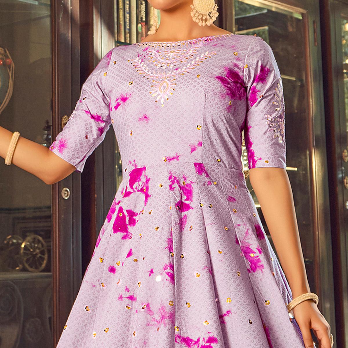 Light Purple Digital Printed With Sequence Embroidered Poly Cotton Gown - Peachmode