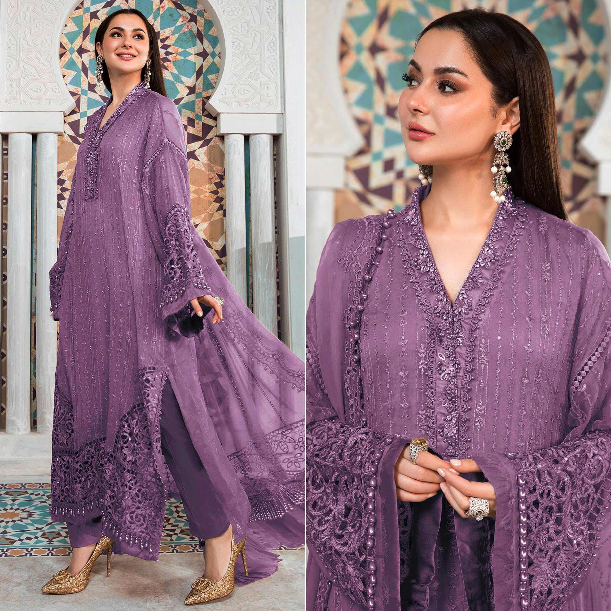 Light Purple Embellished With Embroidered Georgette Pakistani Suit - Peachmode