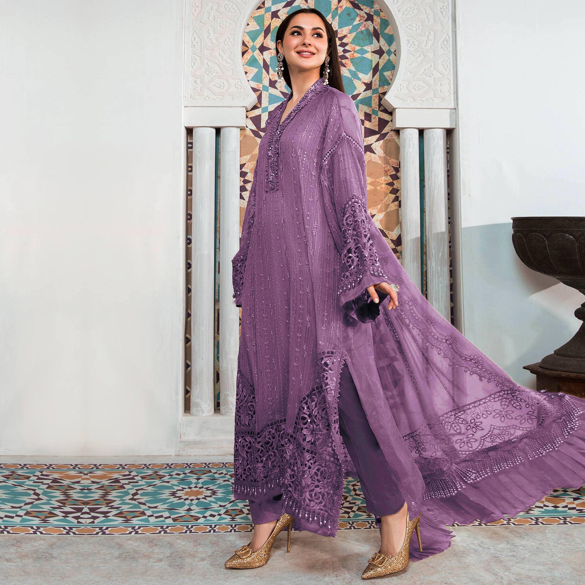 Light Purple Embellished With Embroidered Georgette Pakistani Suit - Peachmode