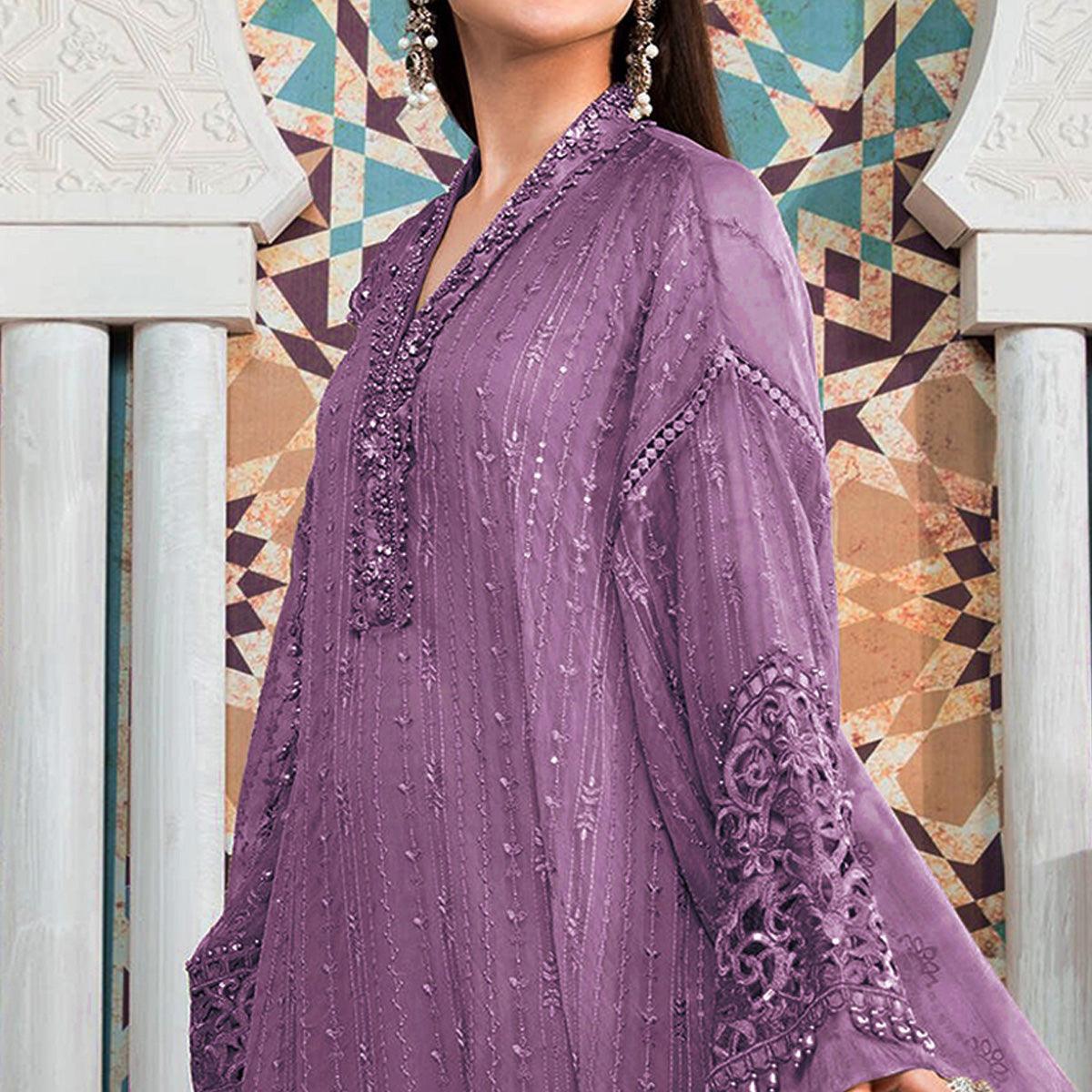 Light Purple Embellished With Embroidered Georgette Pakistani Suit - Peachmode