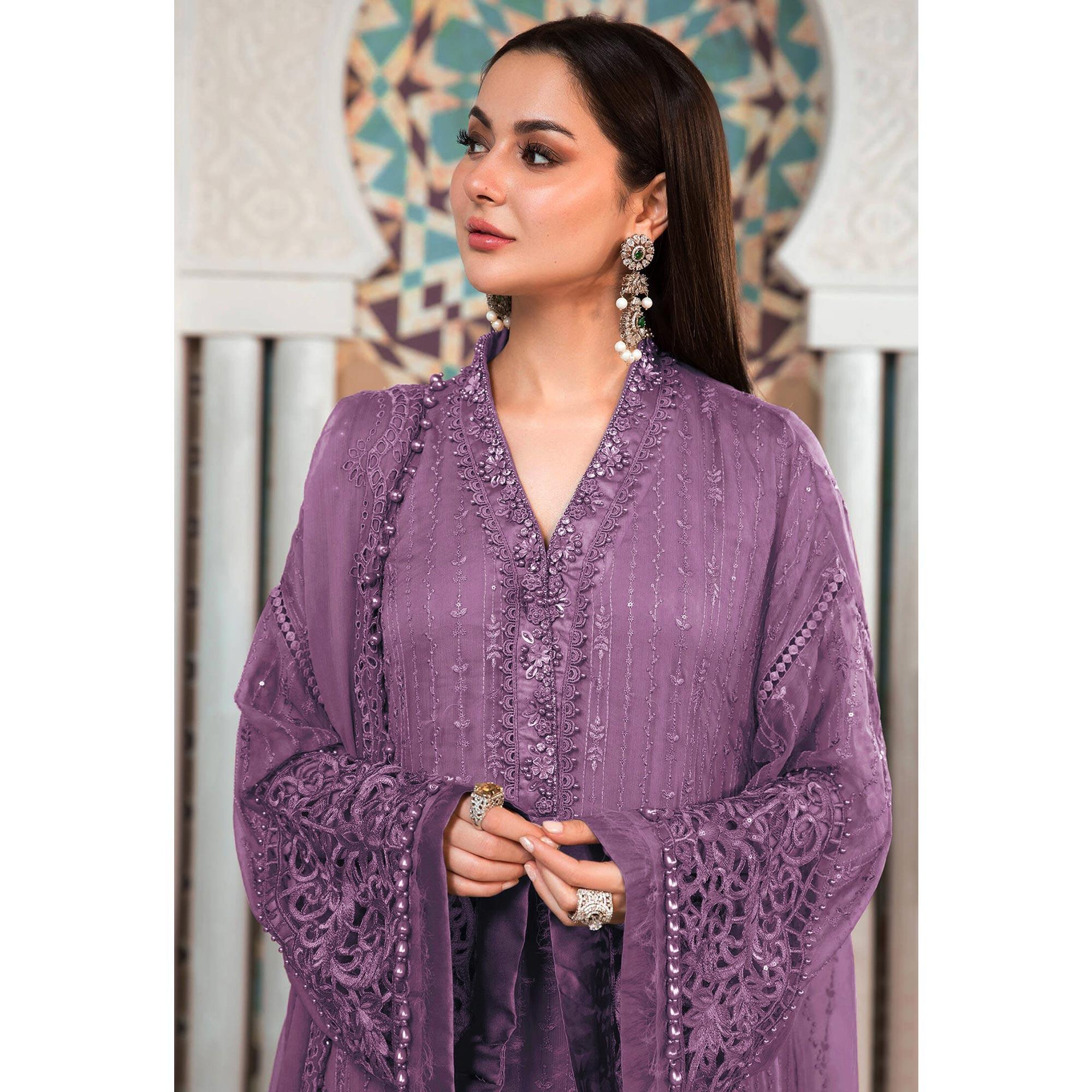 Light Purple Embellished With Embroidered Georgette Pakistani Suit - Peachmode