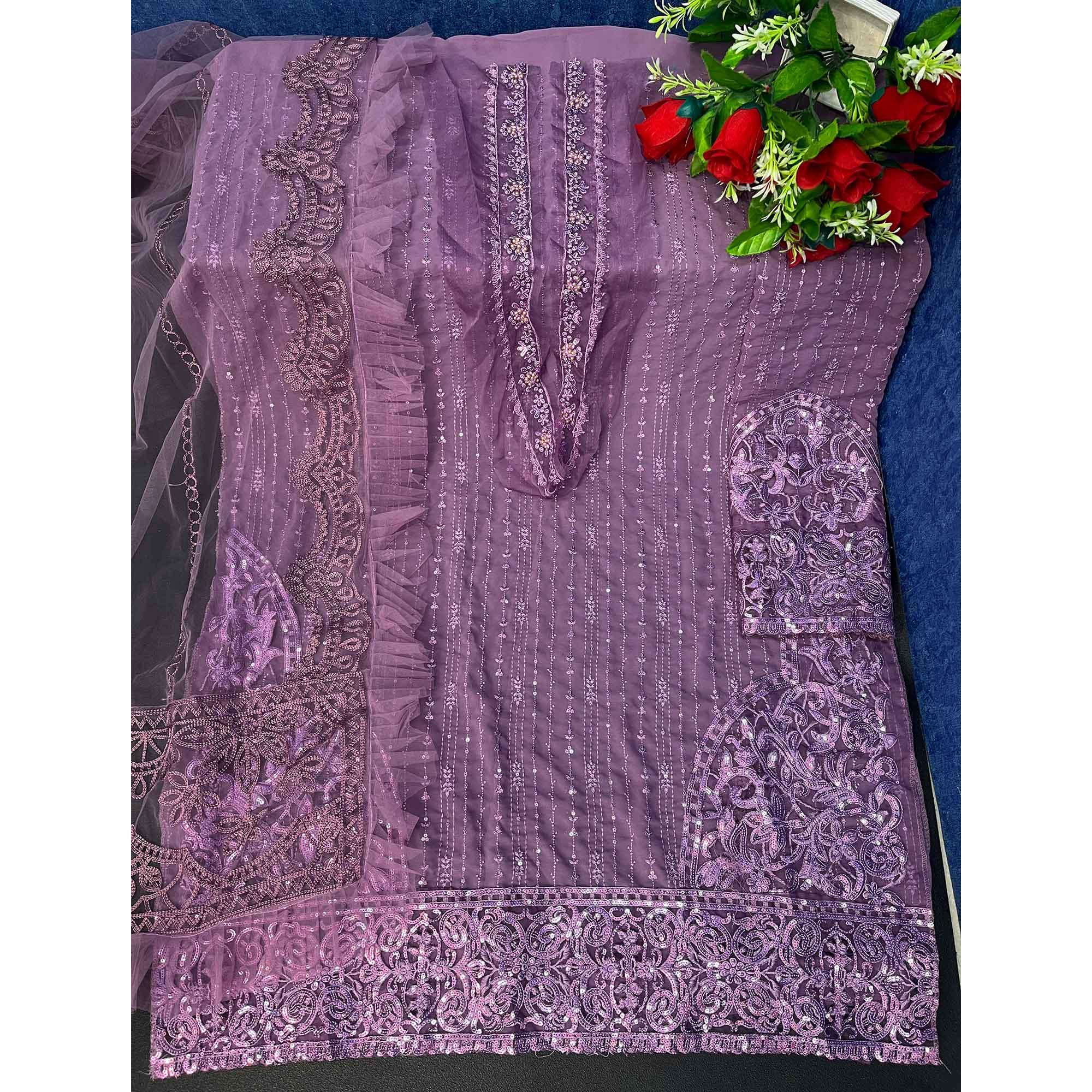 Light Purple Embellished With Embroidered Georgette Pakistani Suit - Peachmode