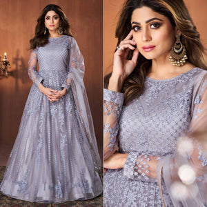 Light Purple Embroidered Netted Anarkali Style Gown - Peachmode