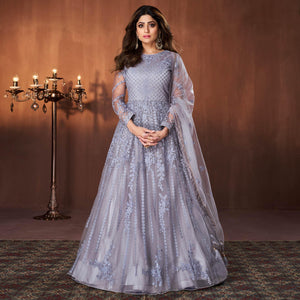 Light Purple Embroidered Netted Anarkali Style Gown - Peachmode