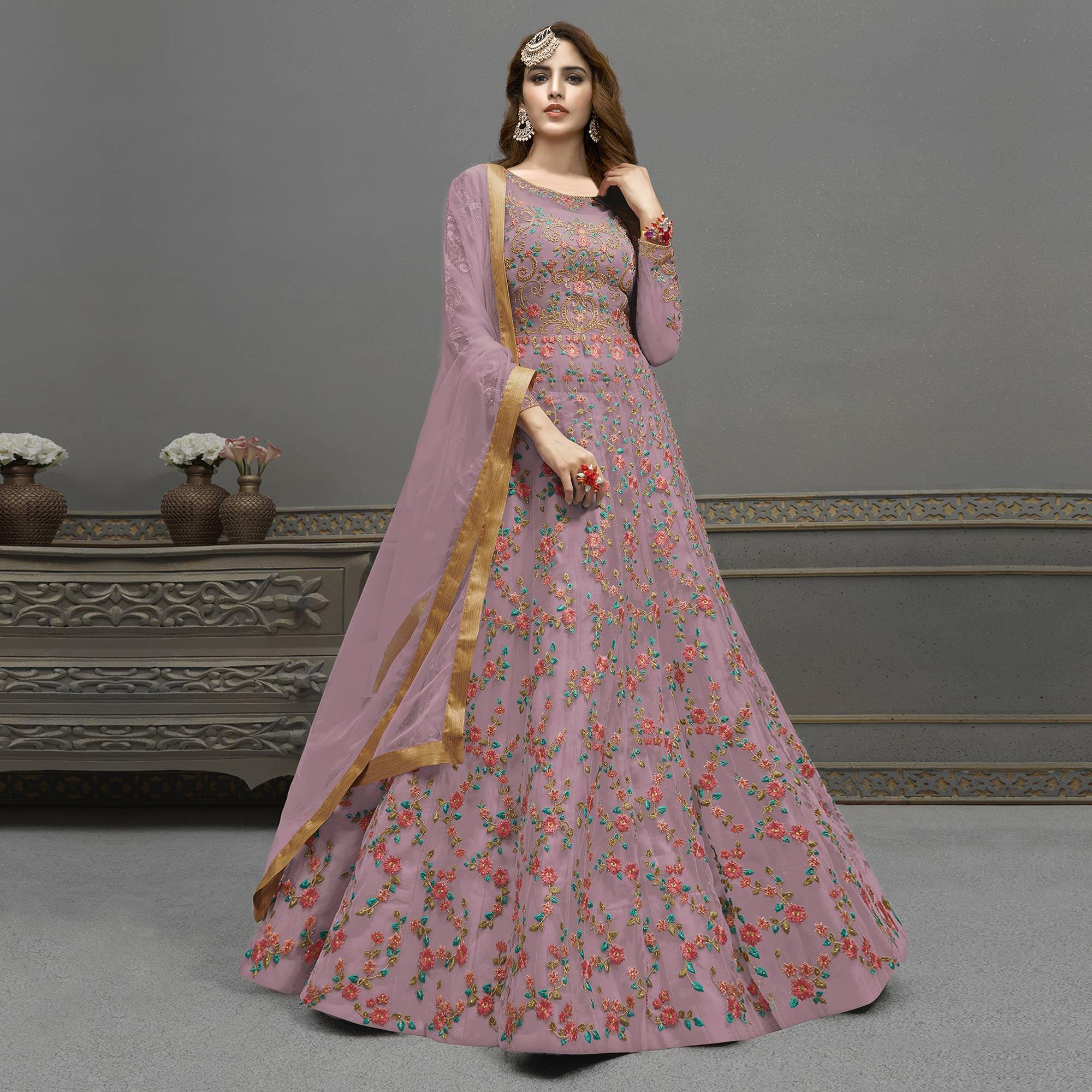 Light Purple Embroidered Netted Anarkali Suit - Peachmode