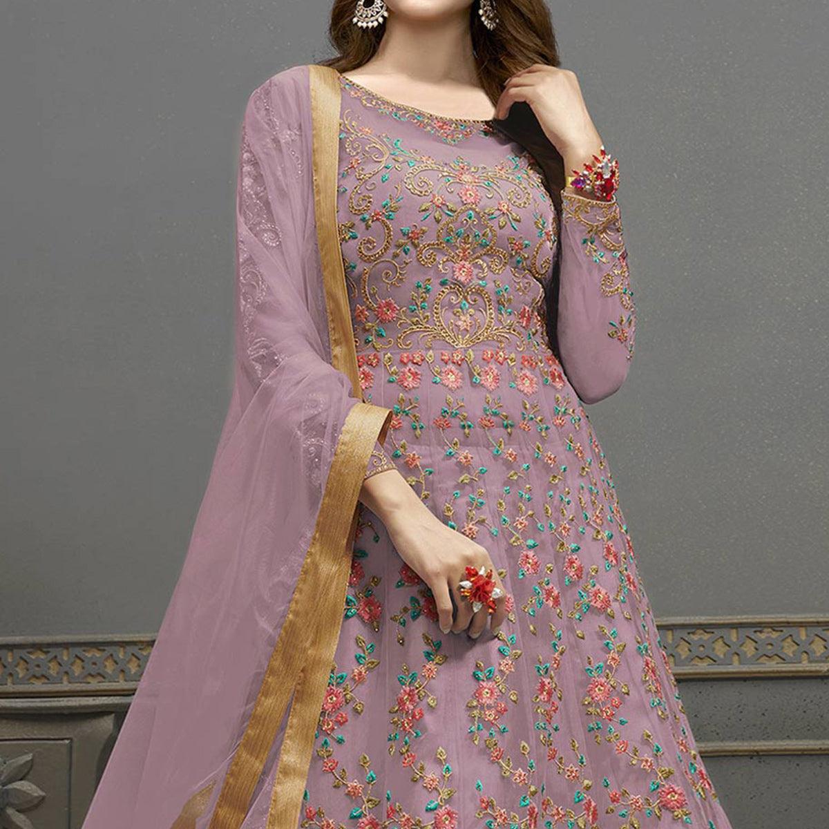 Light Purple Embroidered Netted Anarkali Suit - Peachmode