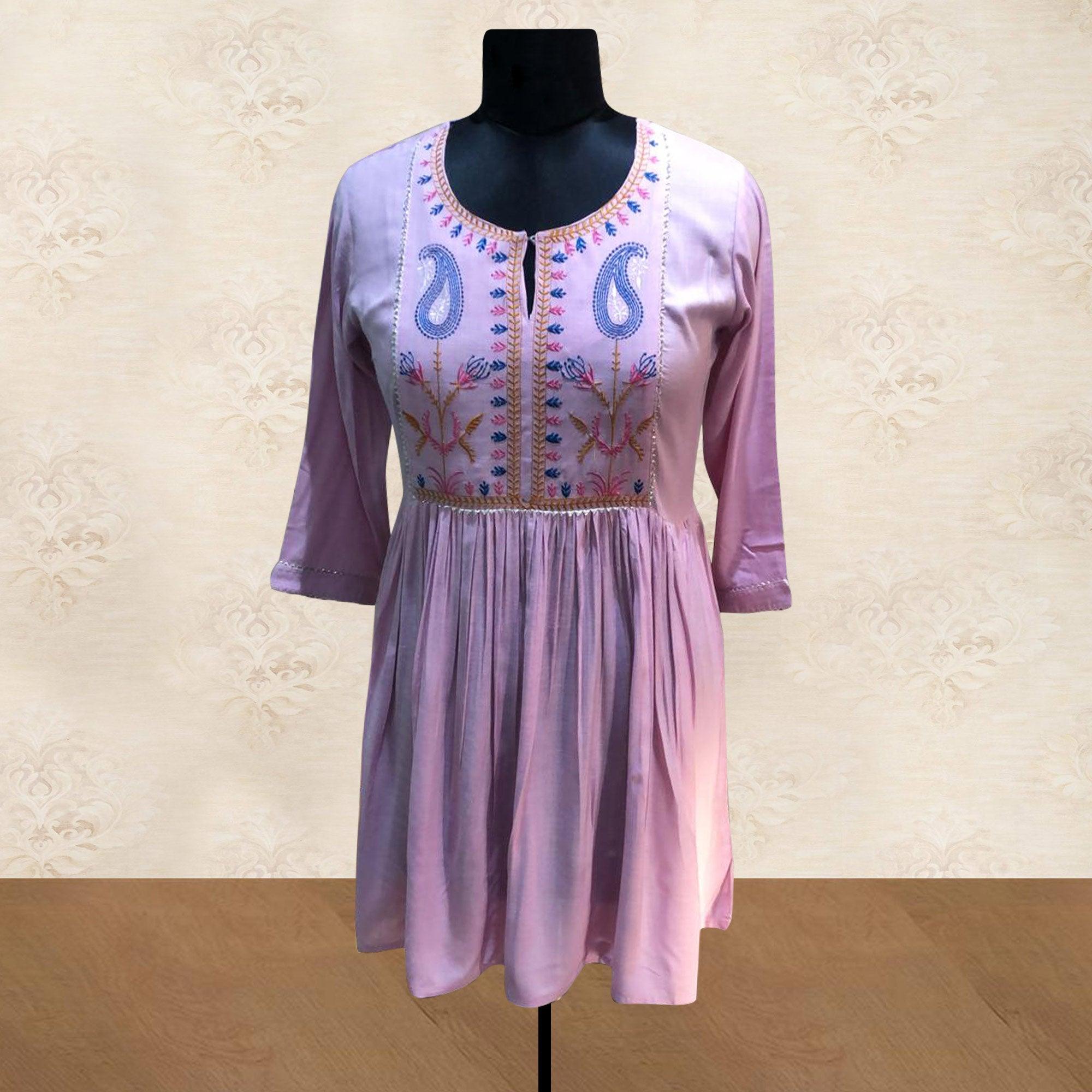 Light Purple Embroidered Pure Cotton Short Kurti - Peachmode