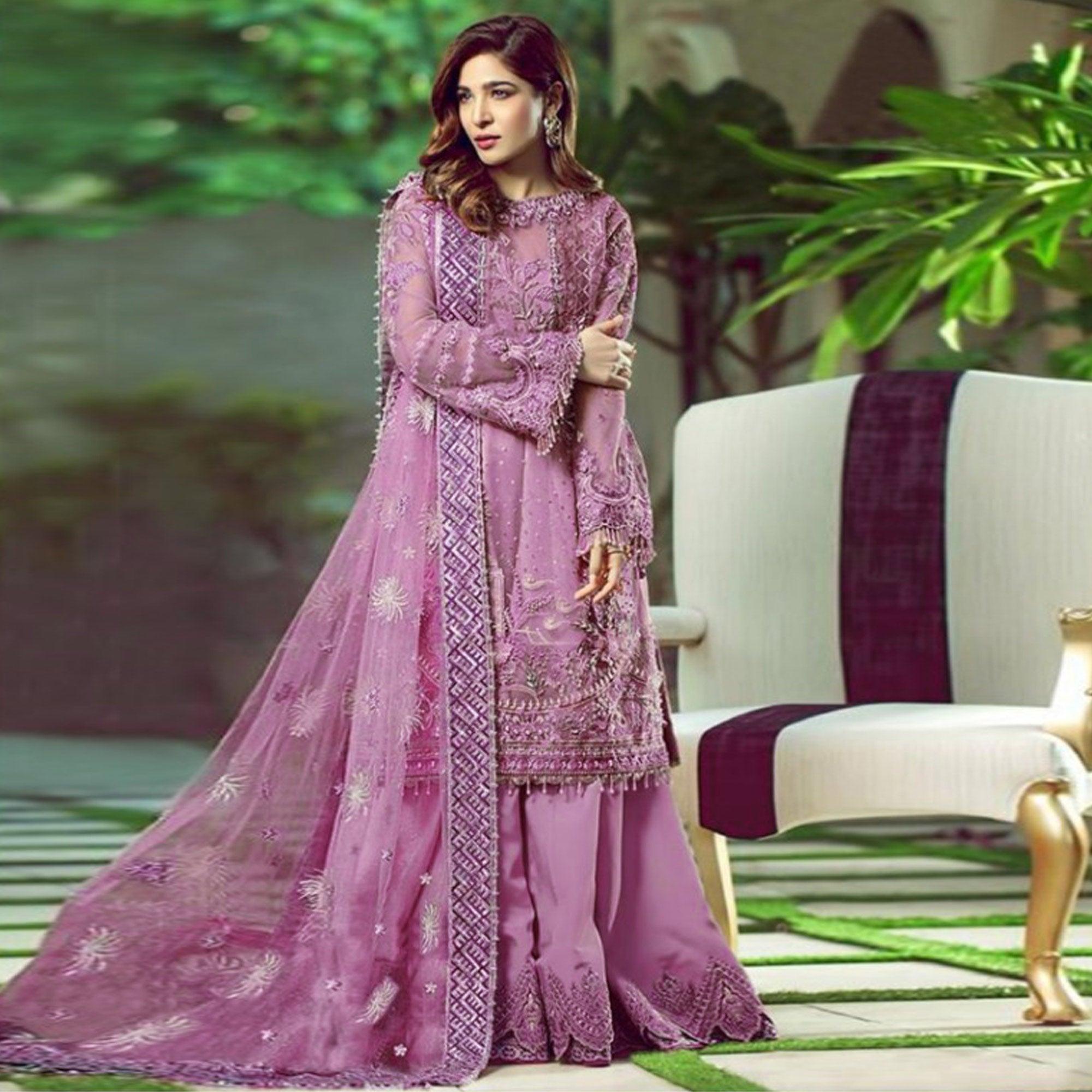 Light Purple Embroidered With Embellished Net Pakistani Suit - Peachmode