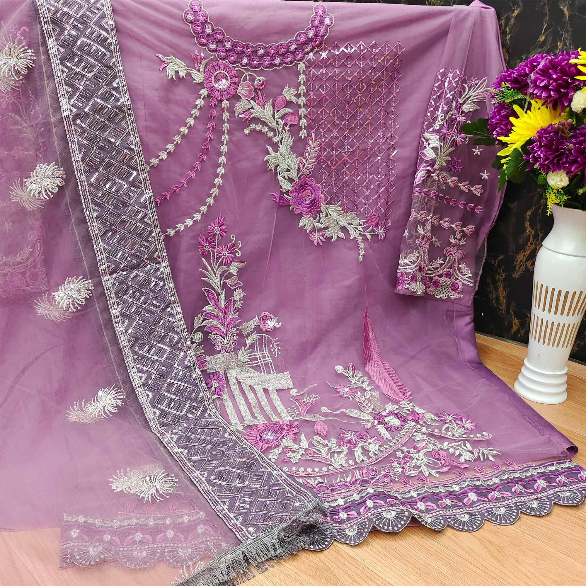 Light Purple Embroidered With Embellished Net Pakistani Suit - Peachmode