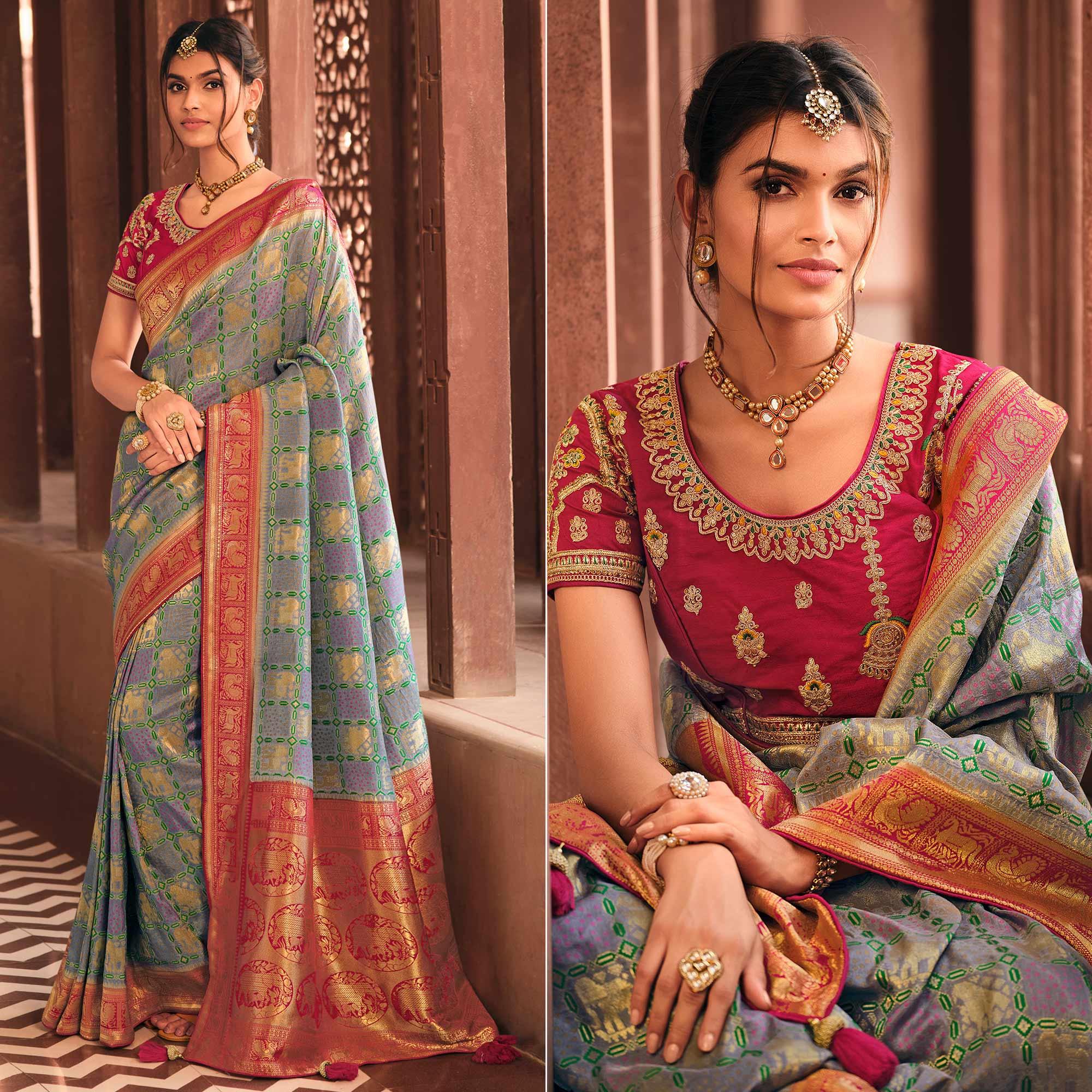 Light Purple Festive Wear Printed Woven Silk Saree - Peachmode
