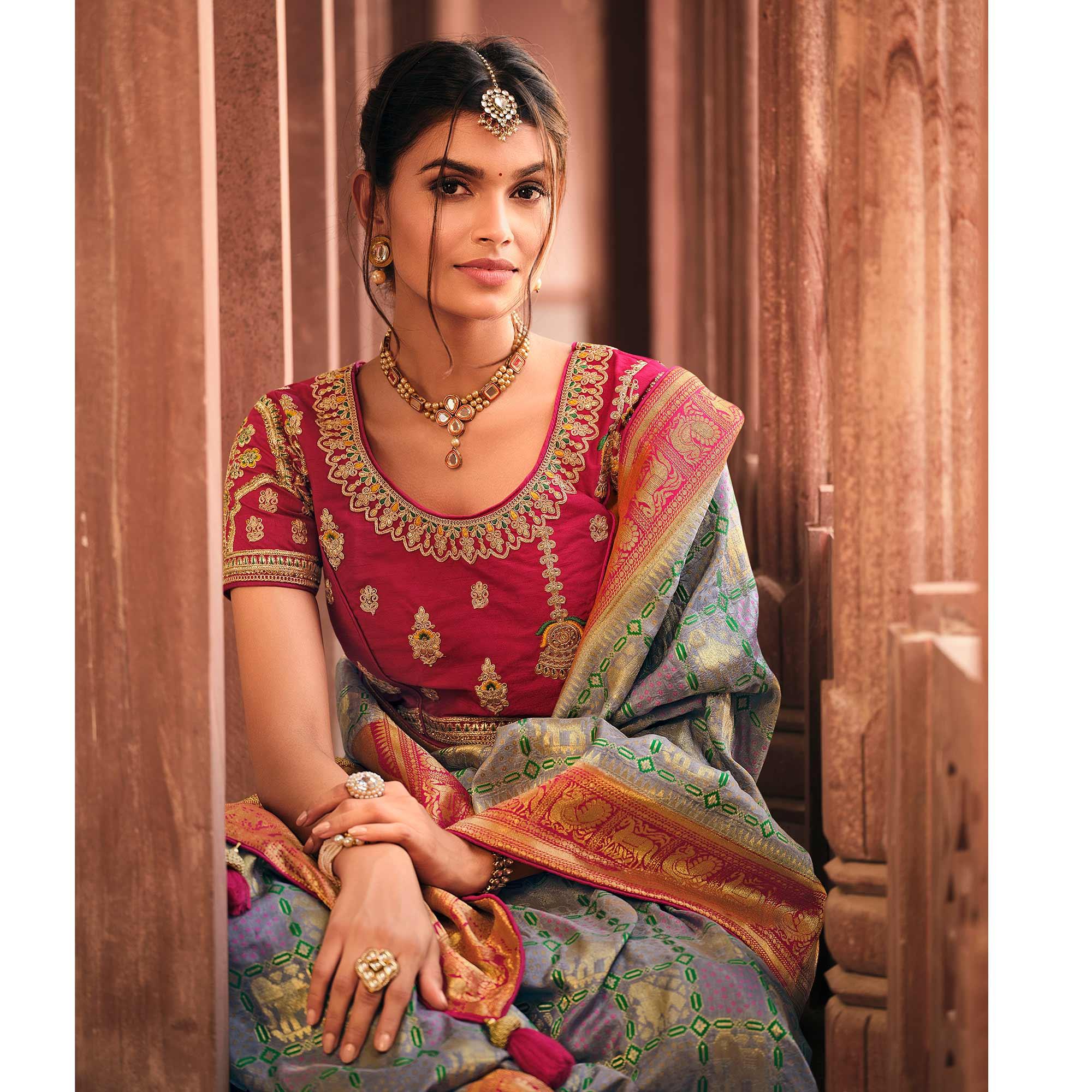 Light Purple Festive Wear Printed Woven Silk Saree - Peachmode