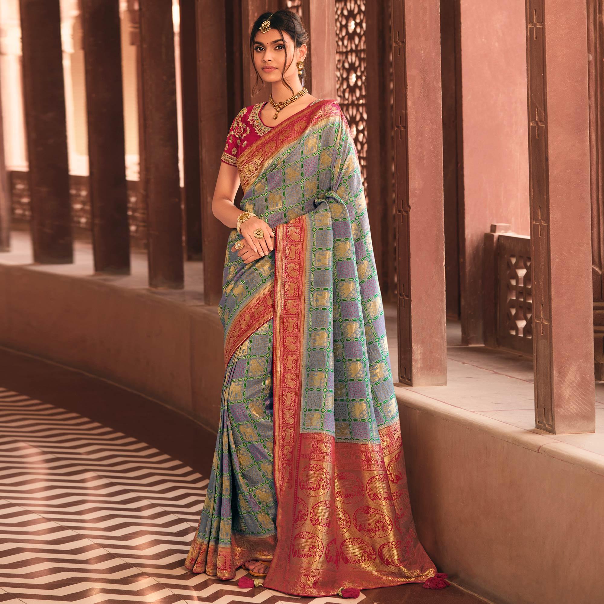Light Purple Festive Wear Printed Woven Silk Saree - Peachmode