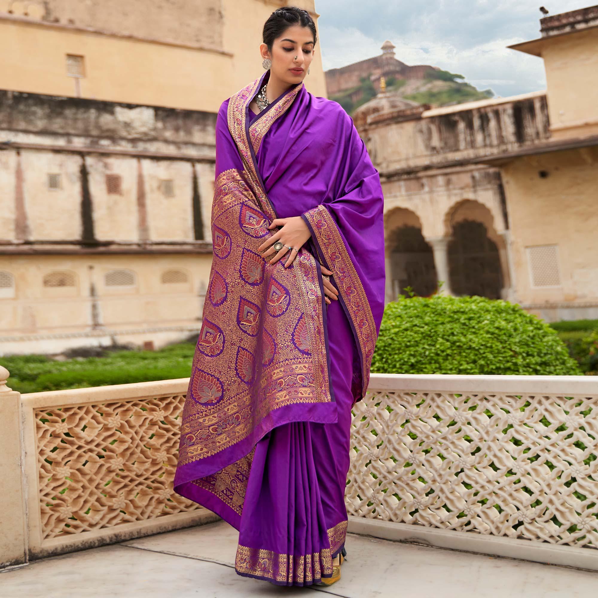 Light Purple Festive Wear Woven Soft Banarasi Silk Saree - Peachmode