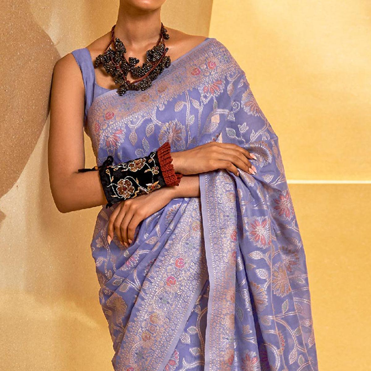 Light Purple Floral Woven Art Silk Saree - Peachmode