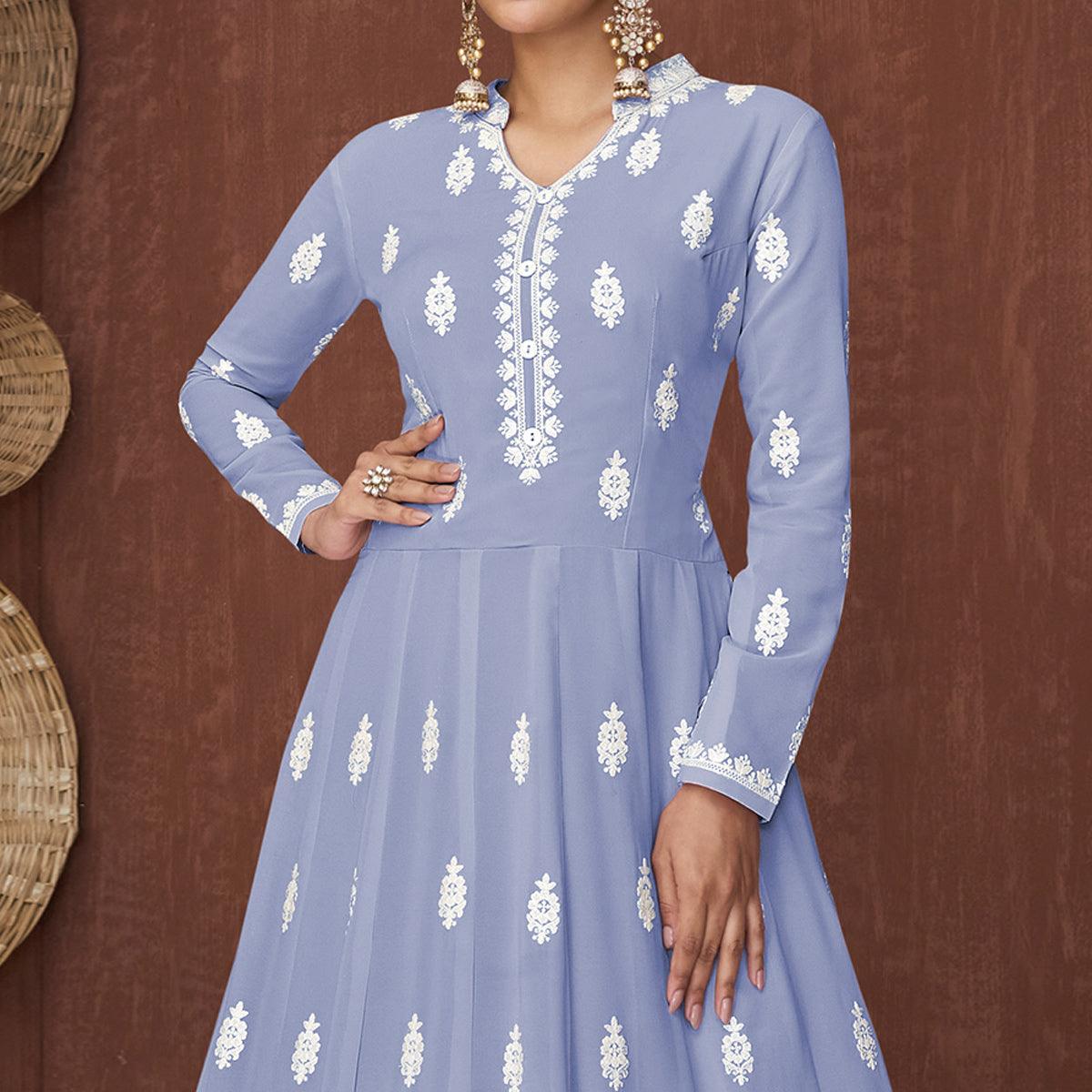 Light Purple Lucknowi Embroidered Rayon Gown - Peachmode