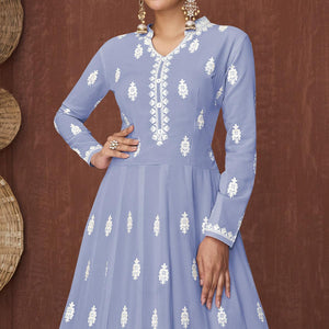 Light Purple Lucknowi Embroidered Rayon Gown - Peachmode