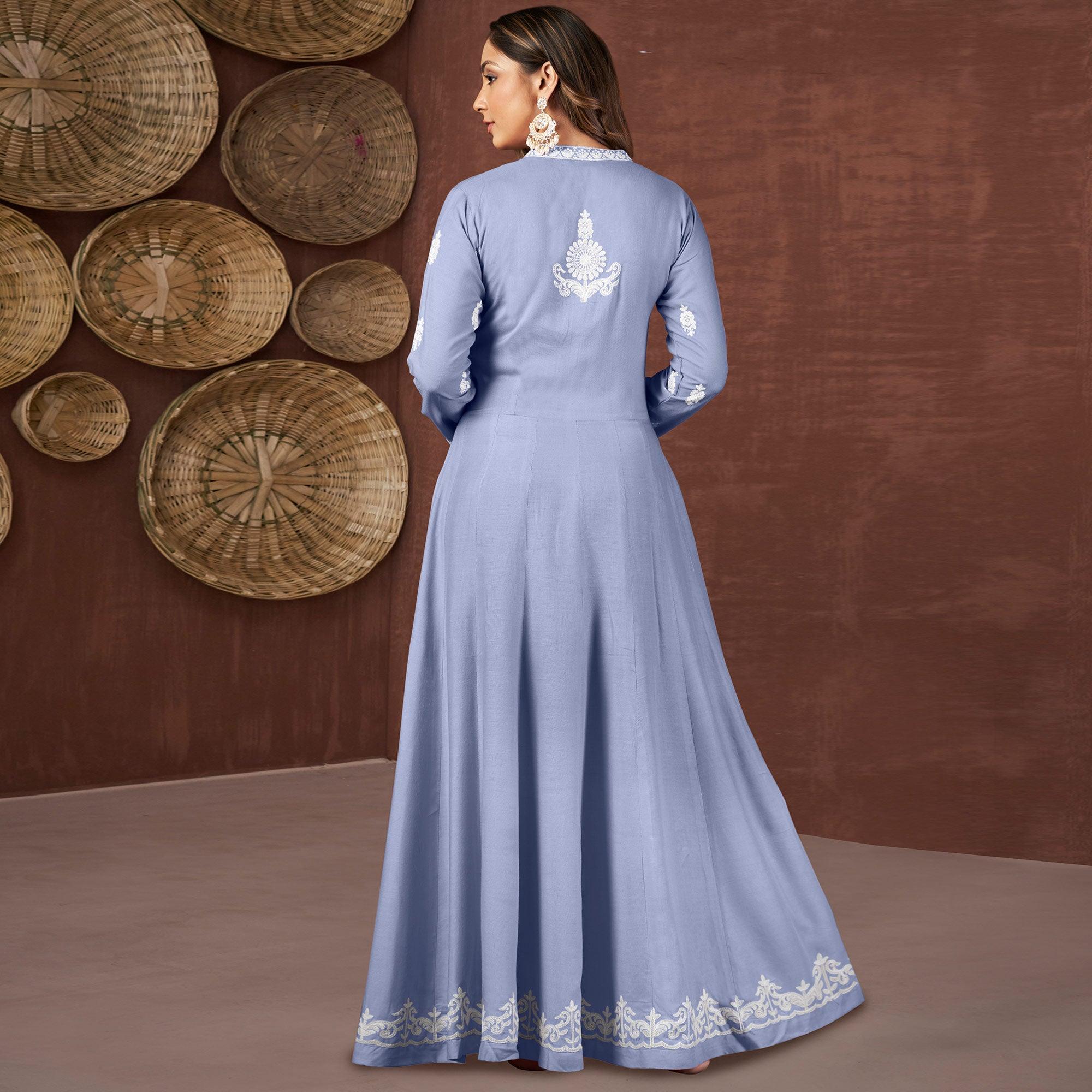 Light Purple Lucknowi Embroidered Rayon Gown - Peachmode