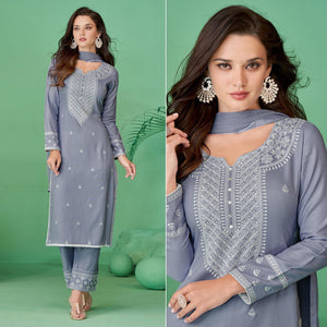 Light Purple Lucknowi Embroidered Rayon Kurti Pant Set With Dupatta - Peachmode
