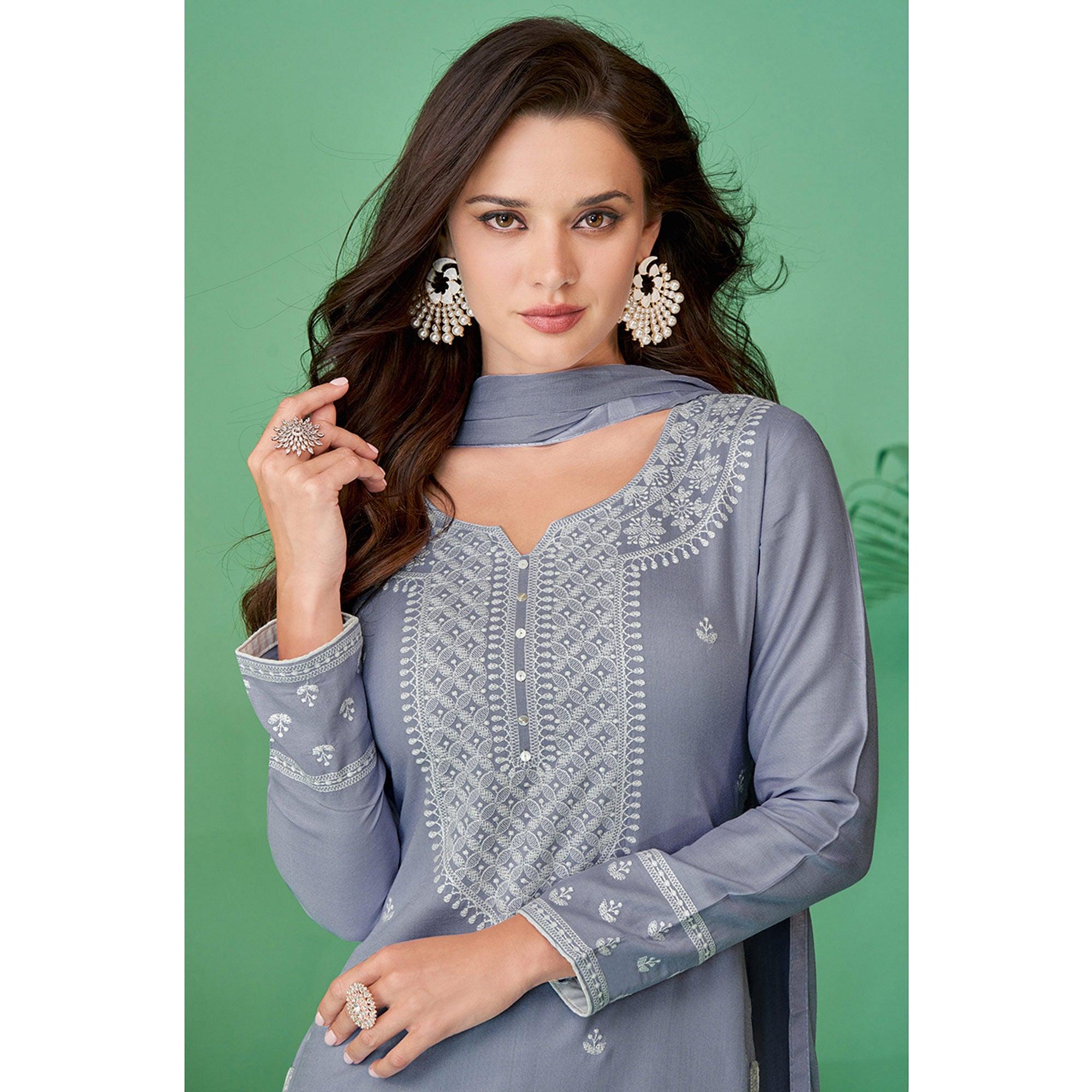 Light Purple Lucknowi Embroidered Rayon Kurti Pant Set With Dupatta - Peachmode