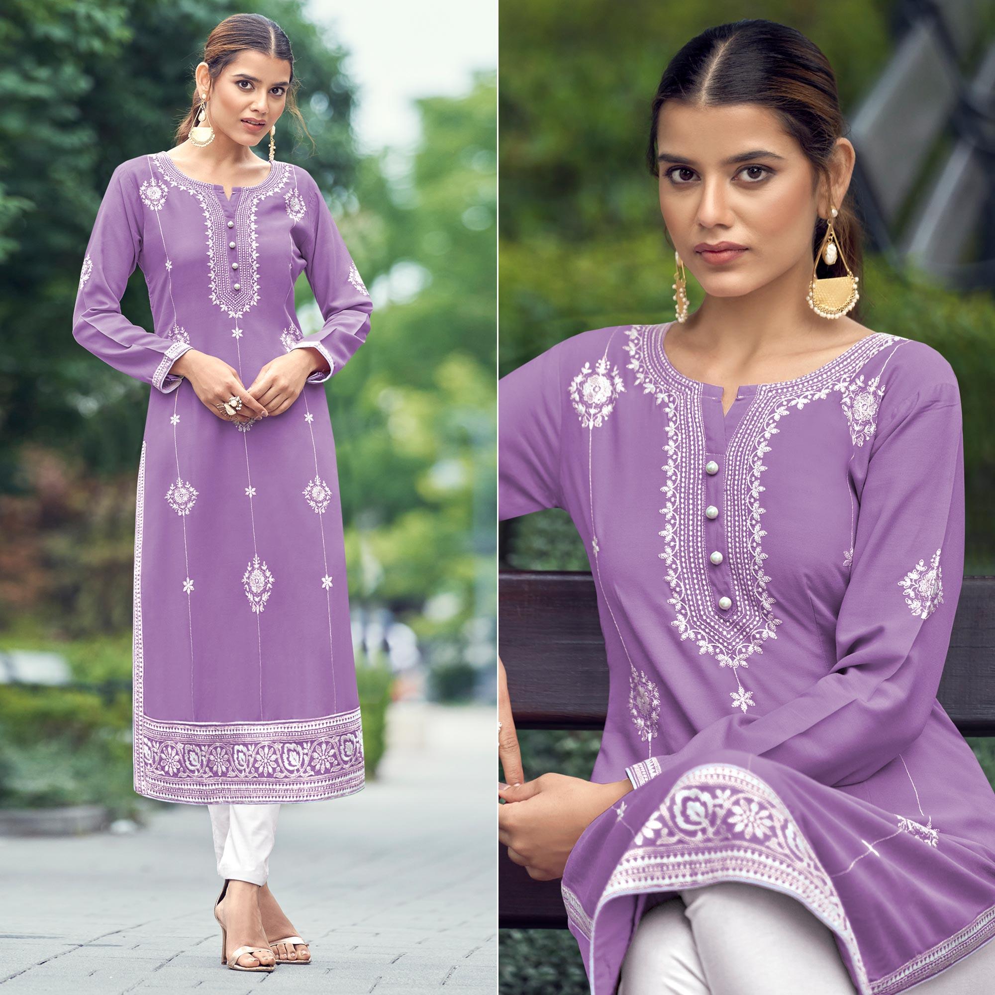 Light Purple Lucknowi Work Rayon Kurti - Peachmode