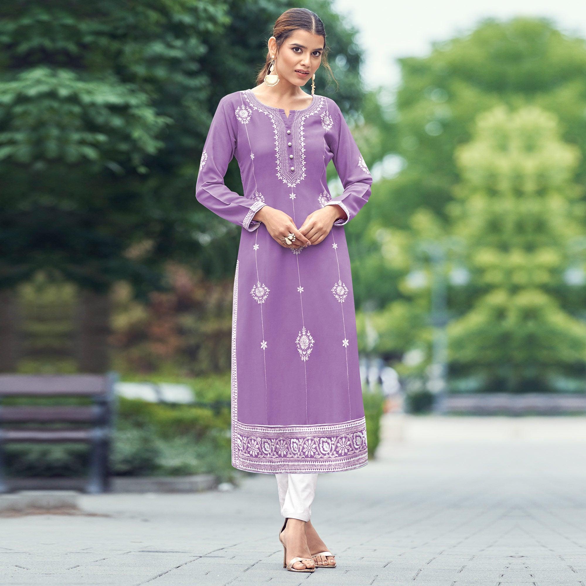 Light Purple Lucknowi Work Rayon Kurti - Peachmode