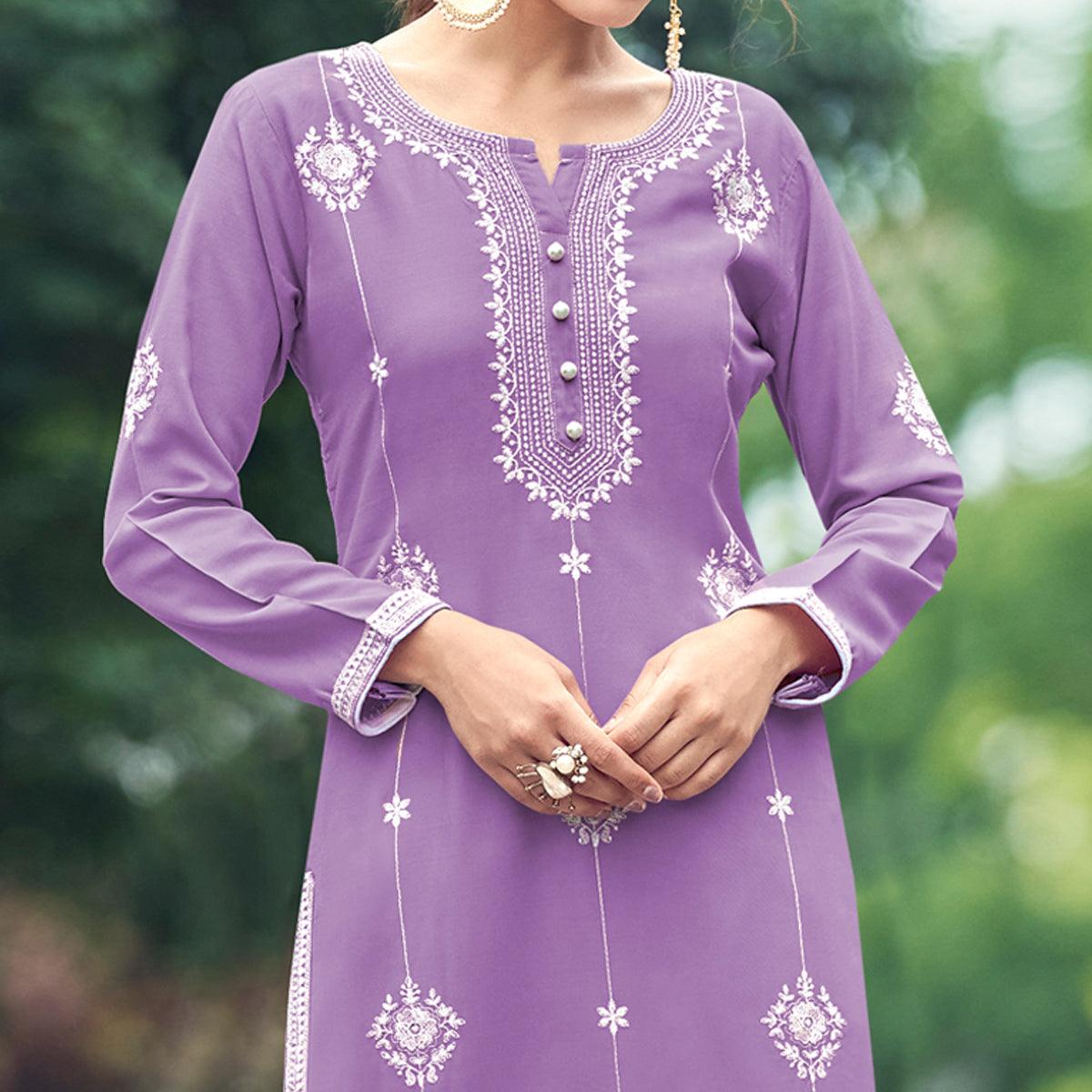 Light Purple Lucknowi Work Rayon Kurti - Peachmode