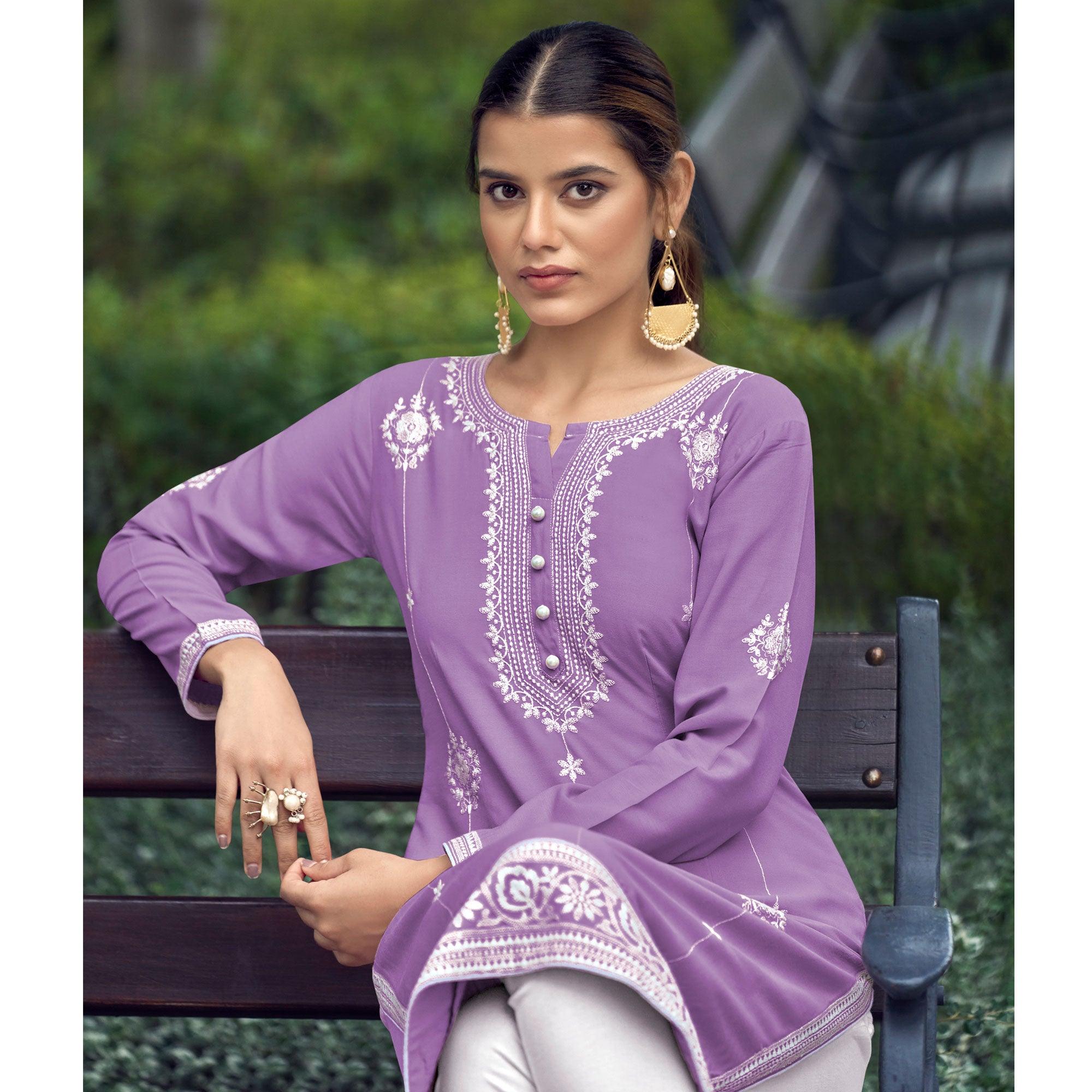 Light Purple Lucknowi Work Rayon Kurti - Peachmode