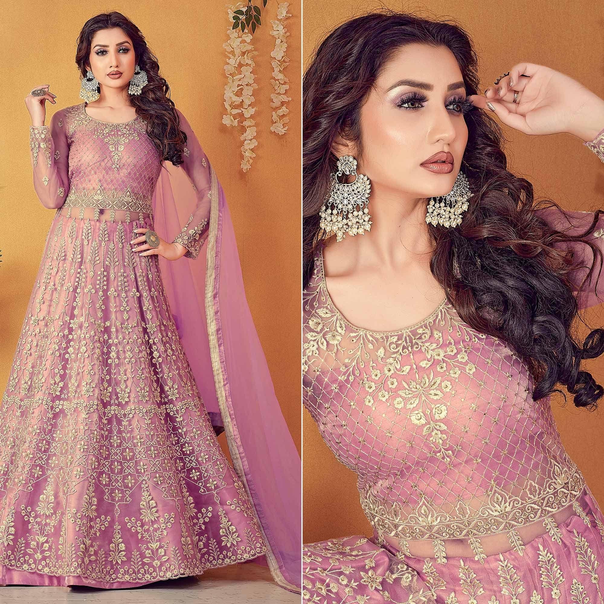 Light Purple Partywear Embroidered & Swarovski Soft Net Gown - Peachmode
