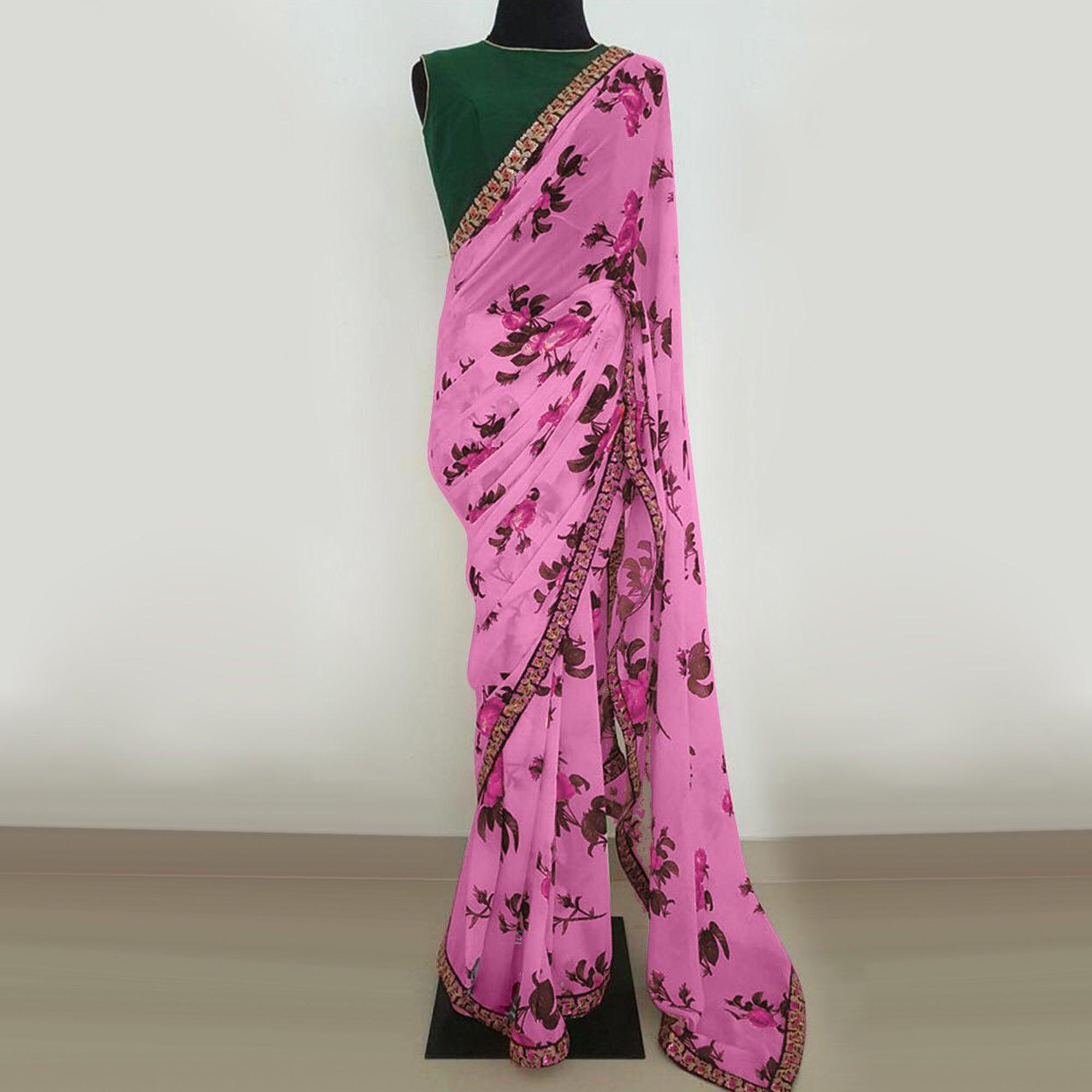 Light Purple Partywear Floral Printed Georgette Saree With Embroidered Lace - Peachmode