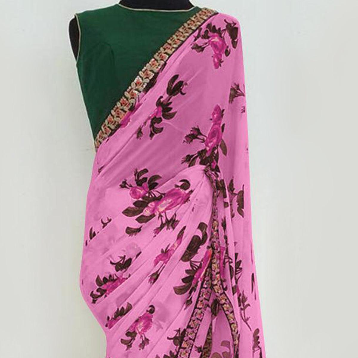 Light Purple Partywear Floral Printed Georgette Saree With Embroidered Lace - Peachmode