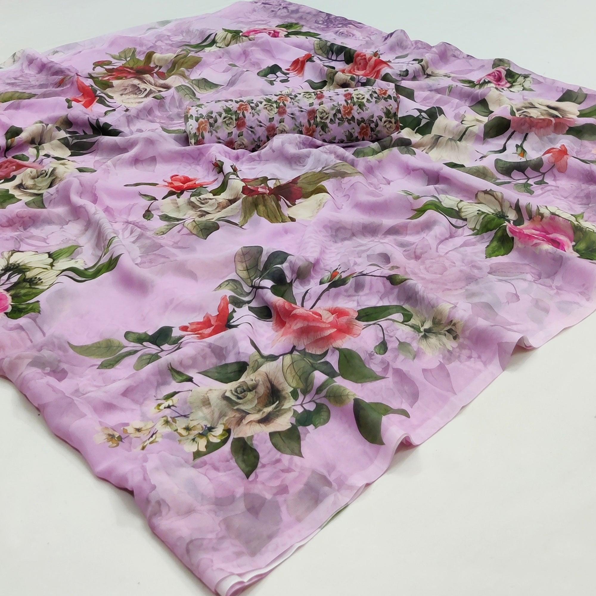Light Purple Printed Georgette Saree - Peachmode