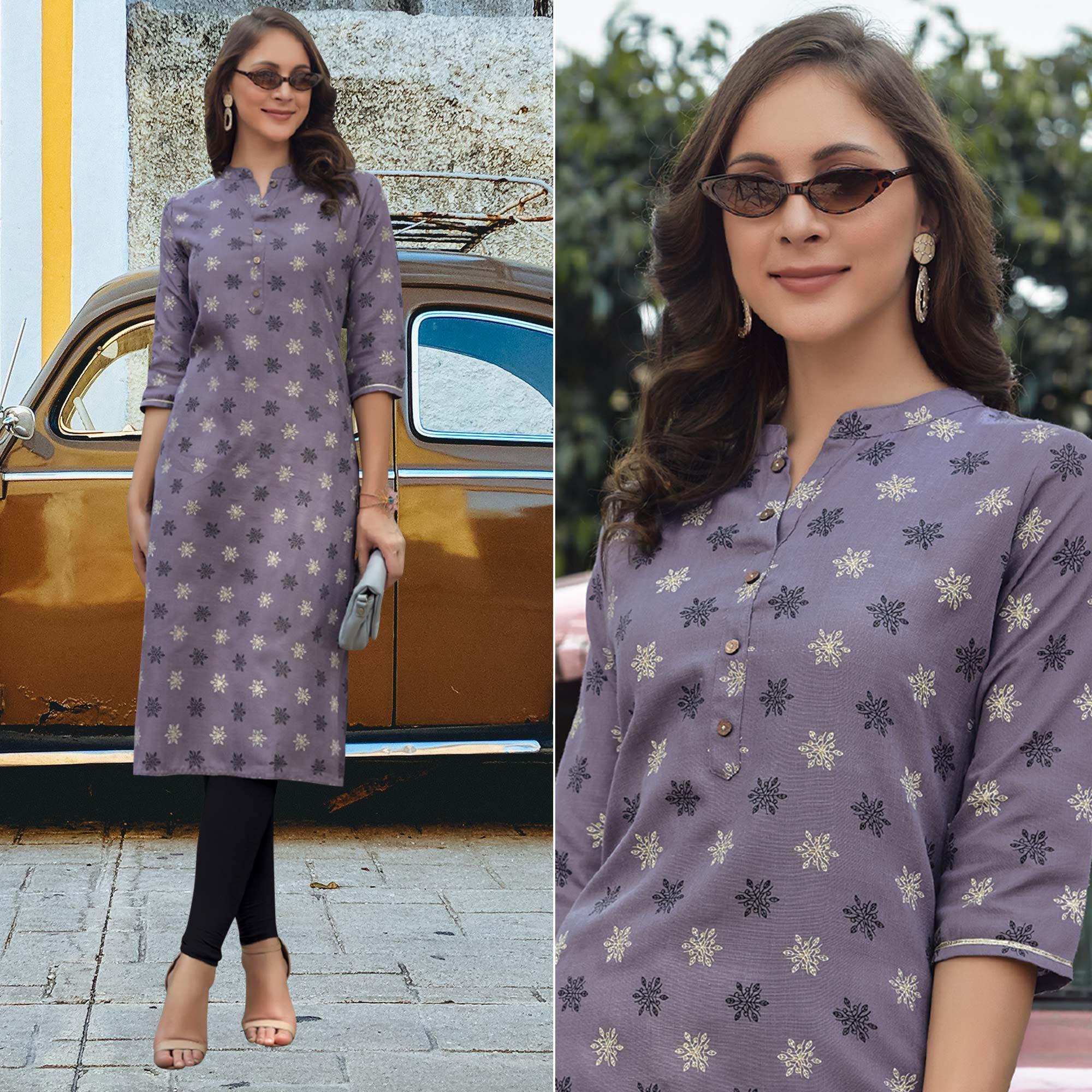 Light Purple Printed Poly Cotton Kurti - Peachmode