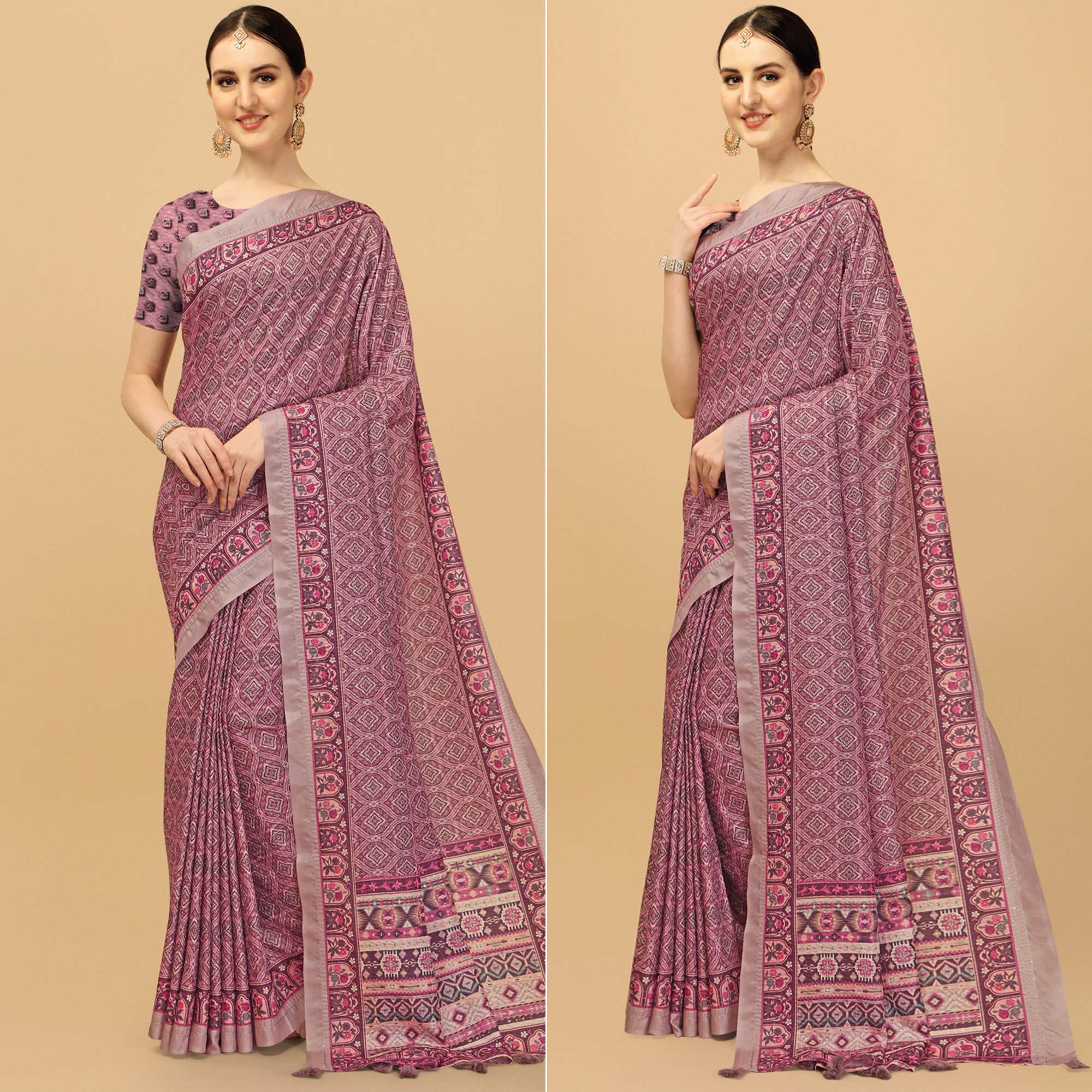Light Purple Printed With Sequence Embroidered Cotton Silk Saree - Peachmode