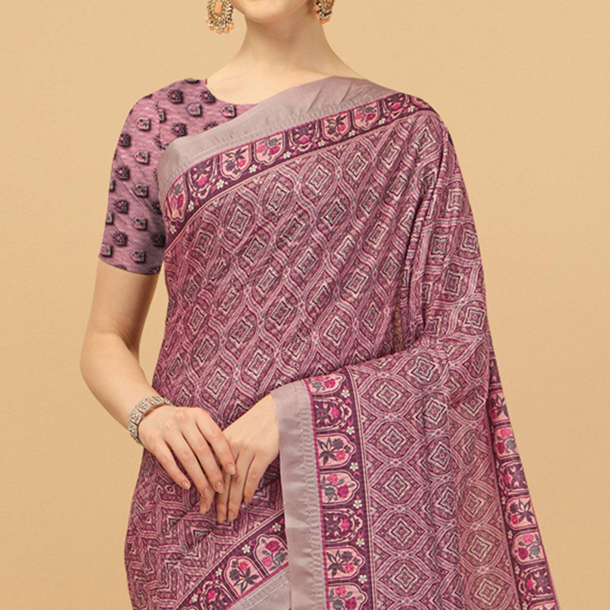 Light Purple Printed With Sequence Embroidered Cotton Silk Saree - Peachmode