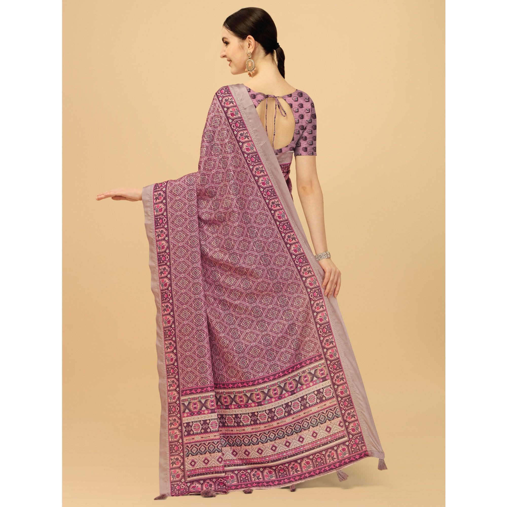 Light Purple Printed With Sequence Embroidered Cotton Silk Saree - Peachmode